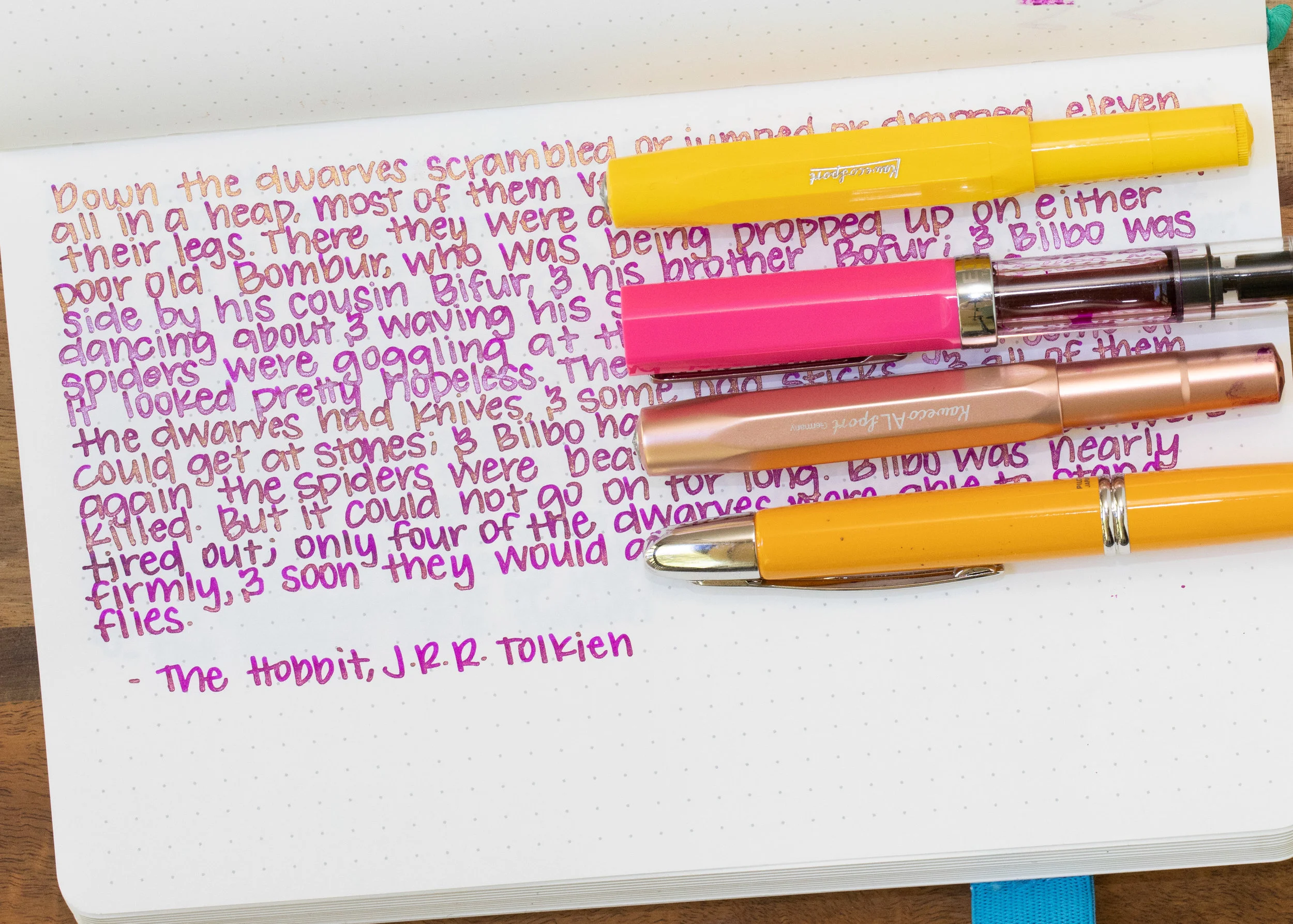 I used a broad Kaweco Sport Sunrise for the gold version, a broad Twsbi Eco Pink for the silver version, a broad Kaweco Al-sport Rose Gold for the bronze version, and a medium Pilot Vanishing Point for the copper version. I think I prefer the bronze version out of the four. All had some clogging issues, even with the wet flow. 