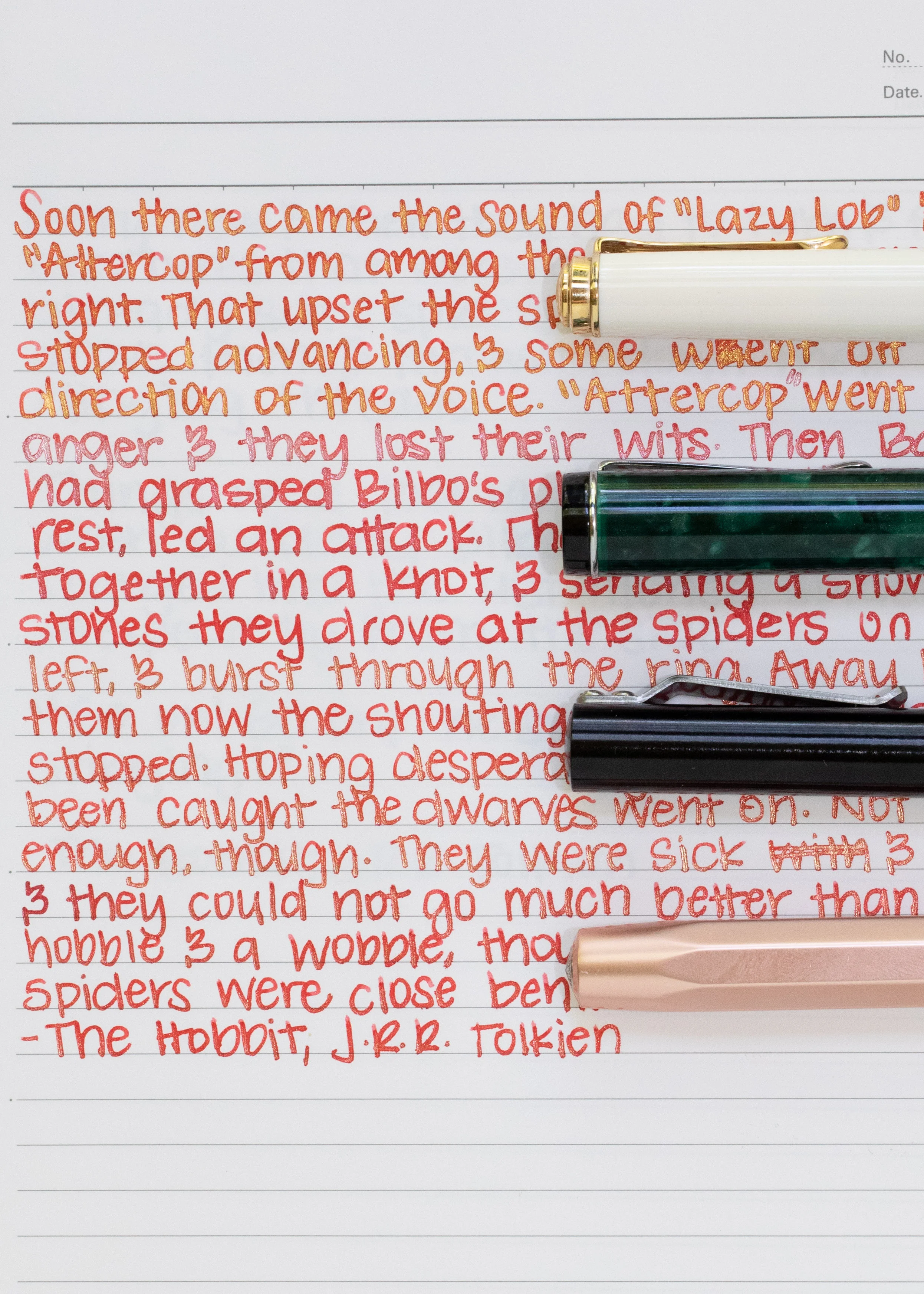 I used a broad Pelikan M600 Turquoise with the Gold version, a broad Conklin Durograph Forest Green for the Silver version, a fine Karas Kustoms pen for the Bronze version, and a broad Kaweco Al-Sport Rose Gold for the copper version. I think I prefer the copper version out of the four. All had some clogging issues, even with the wet flow.