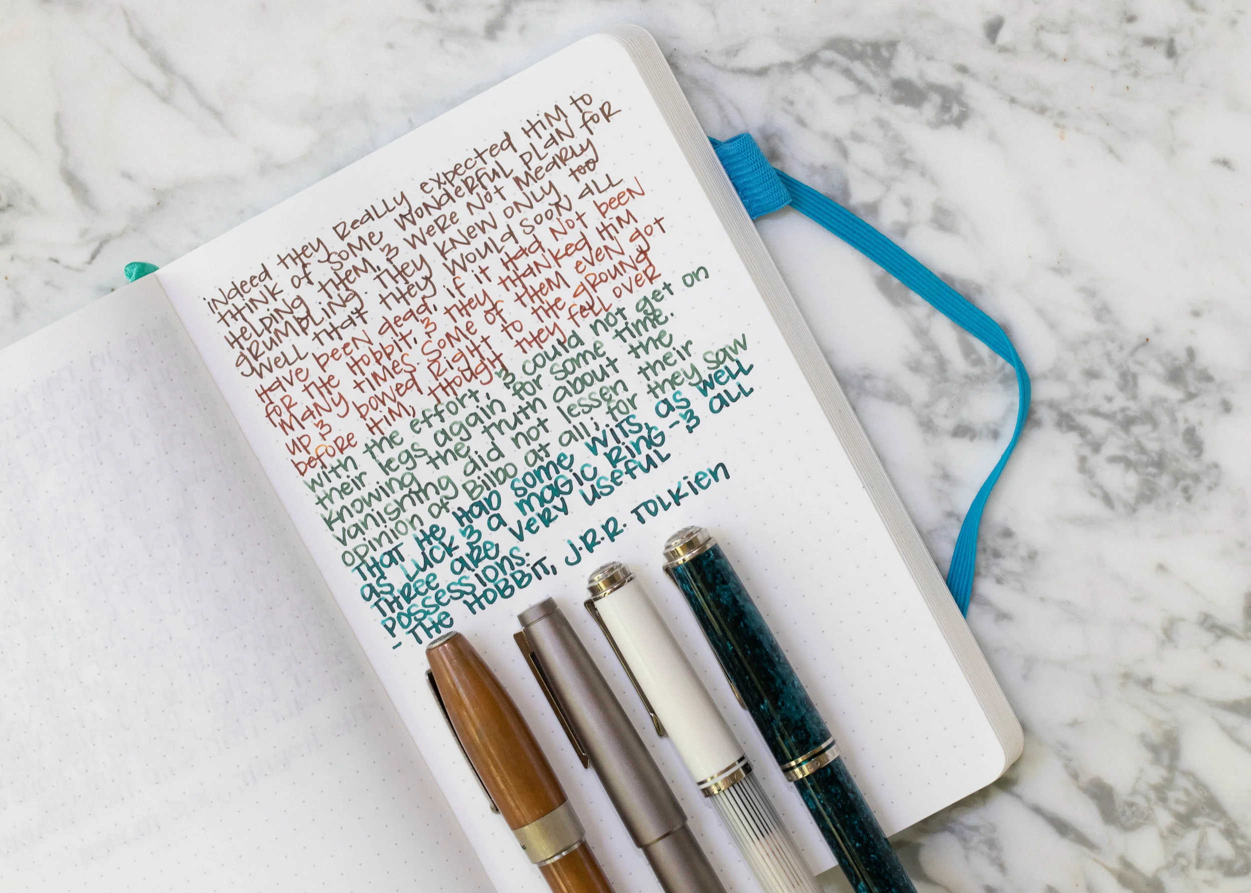 I used a fine Montegrappa Copper Mule, a fine Lamy 2000 Black Amber, a medium Pelikan M605 White Transparent, and a broad Pelikan M805 Ocean Swirl. The inks all had an average flow with no flow issues.