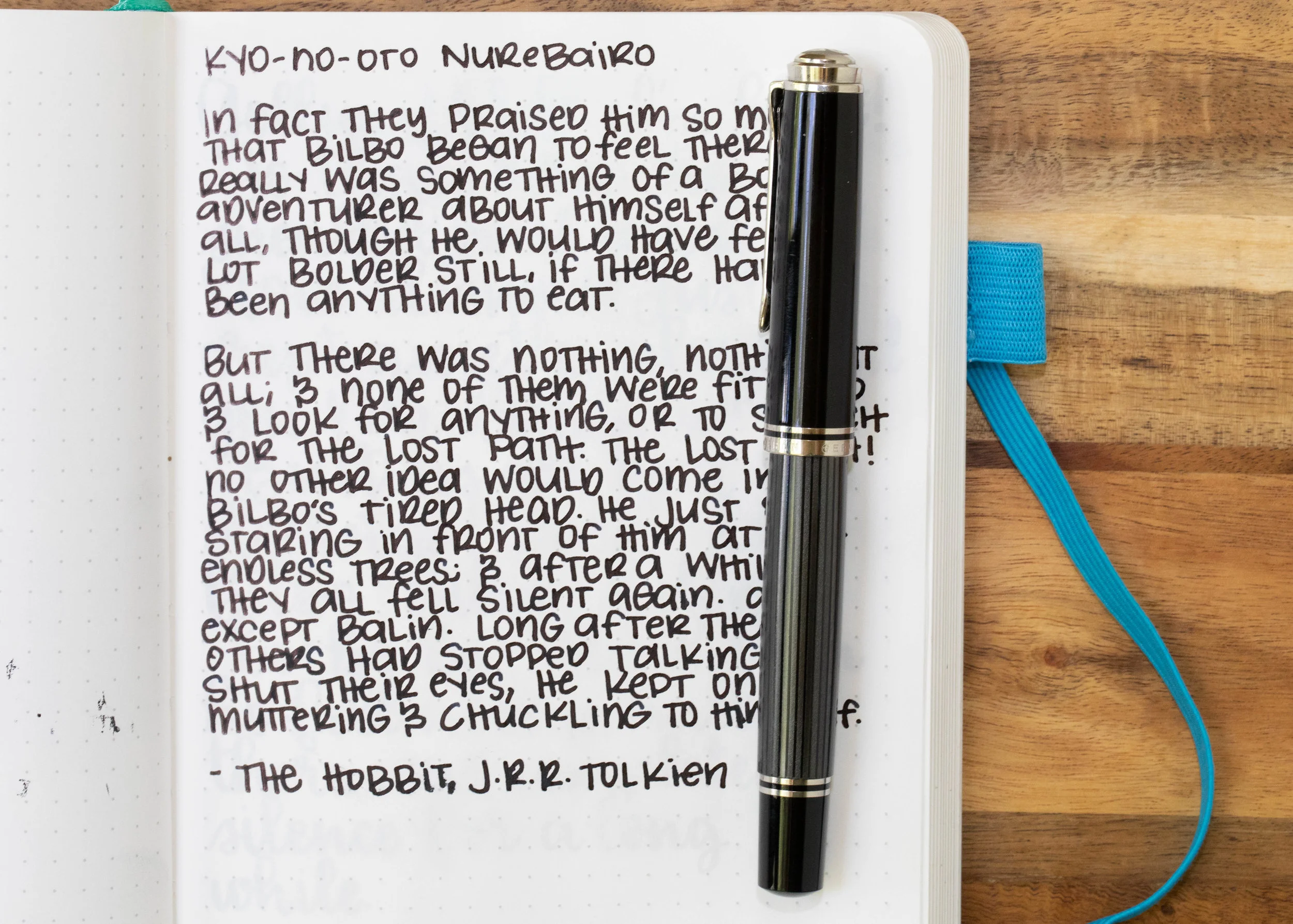 I used a medium Pelikan M805 Stresemann on an ivory Hippo Noto Notebook. The ink had a slightly dry flow. The ink almost felt a bit sticky.