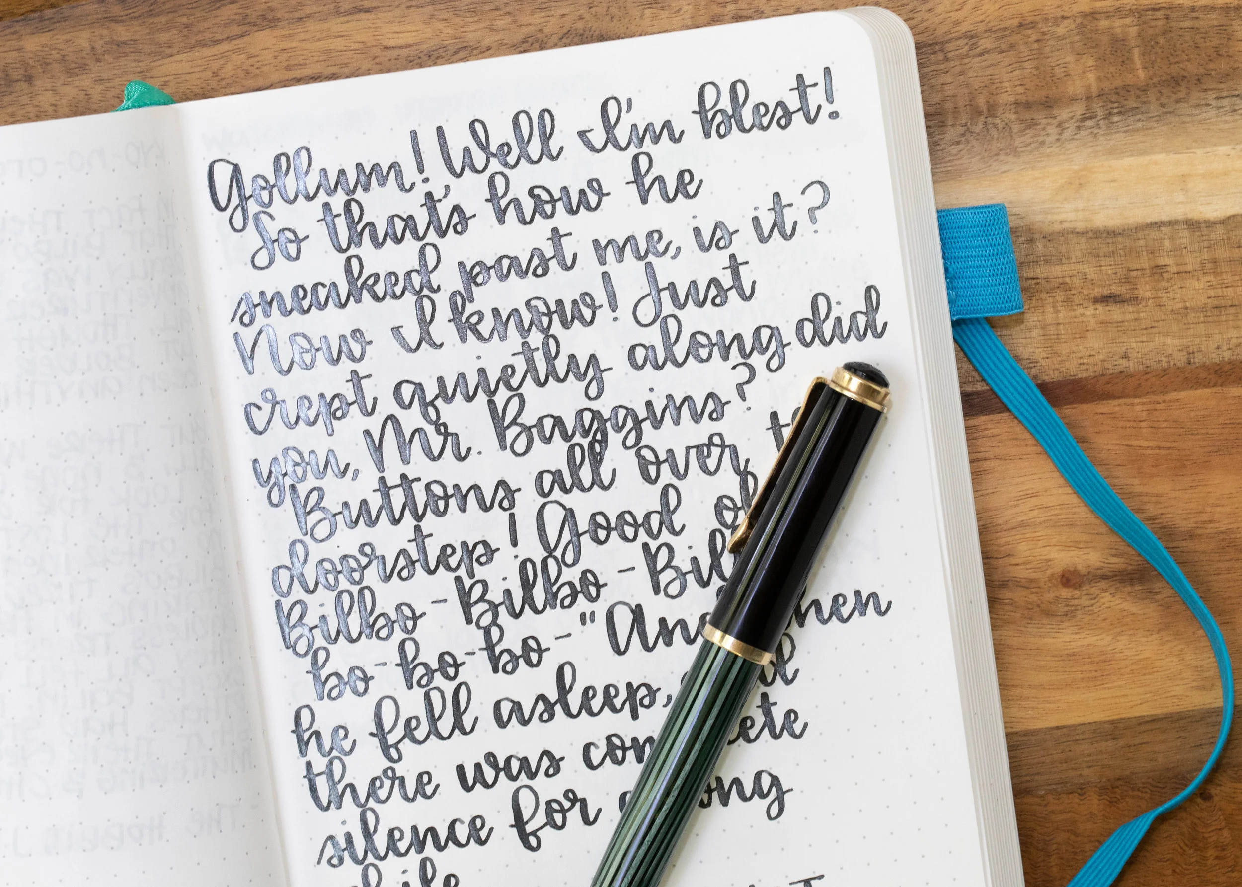 I used a vintage Pelikan 400N, which handled the ink a bit better than the other nib sizes, but there was some clogging. I had this ink in the pen for a few days. When I opened the pen the ink had burped out and filled half the cap with ink so ink went flying everywhere.