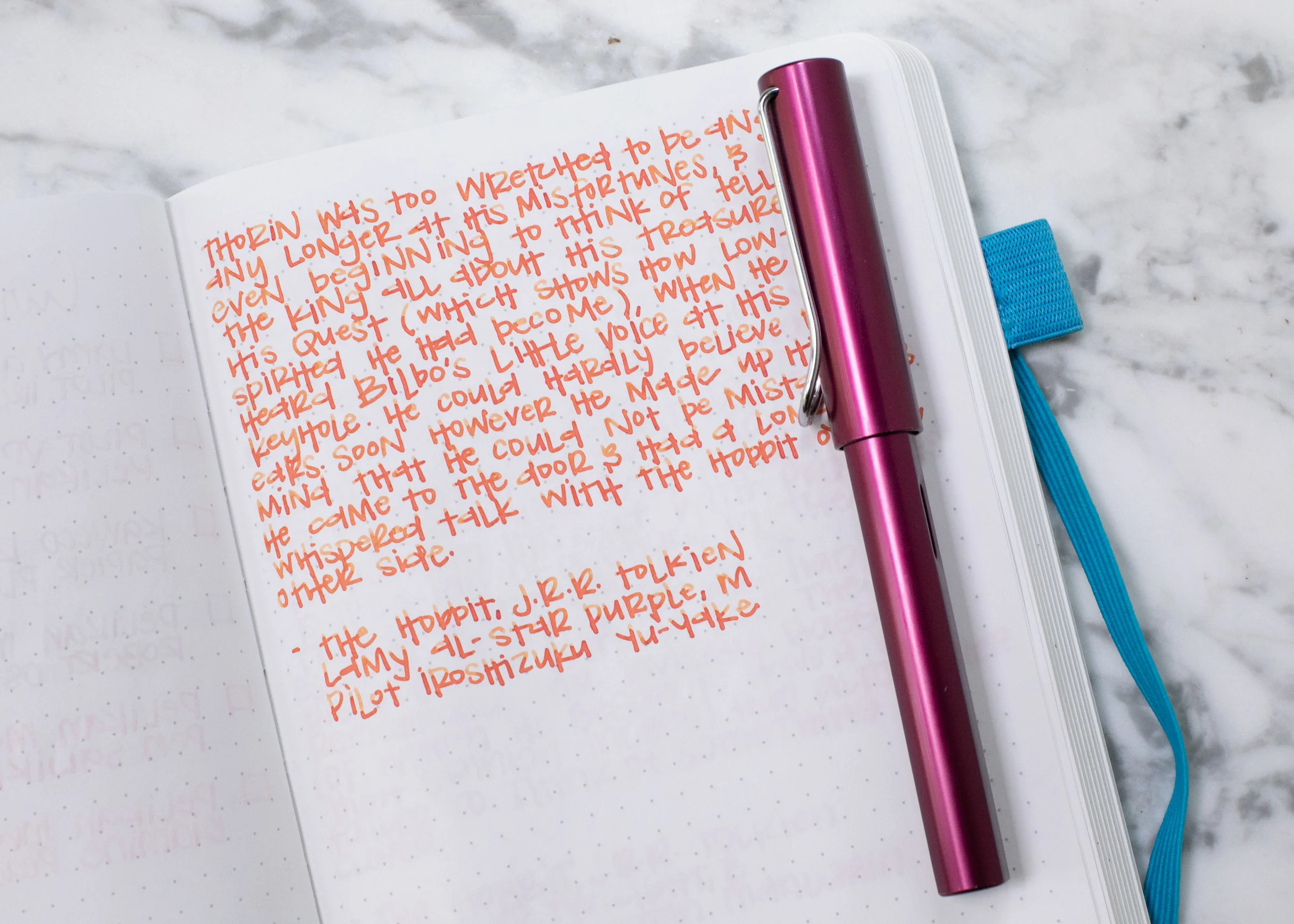 I used a medium Lamy Al-Star Purple on an ivory Hippo Noto Notebook. The ink had a wetter flow.