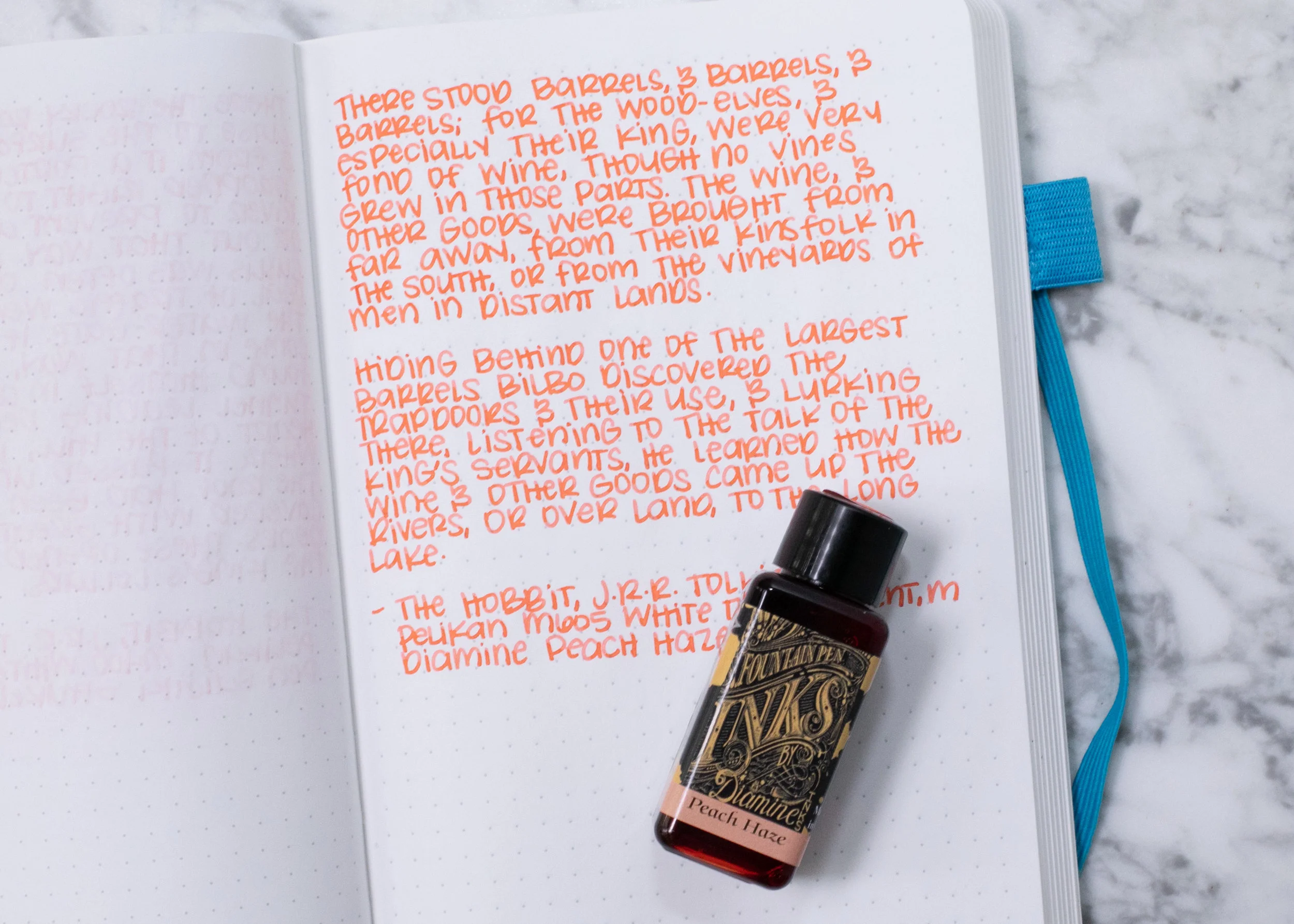 I used a medium Pelikan M605 White Transparent on an ivory Hippo Noto Notebook. The ink had an average flow. I really love this ink/pen/paper combo.