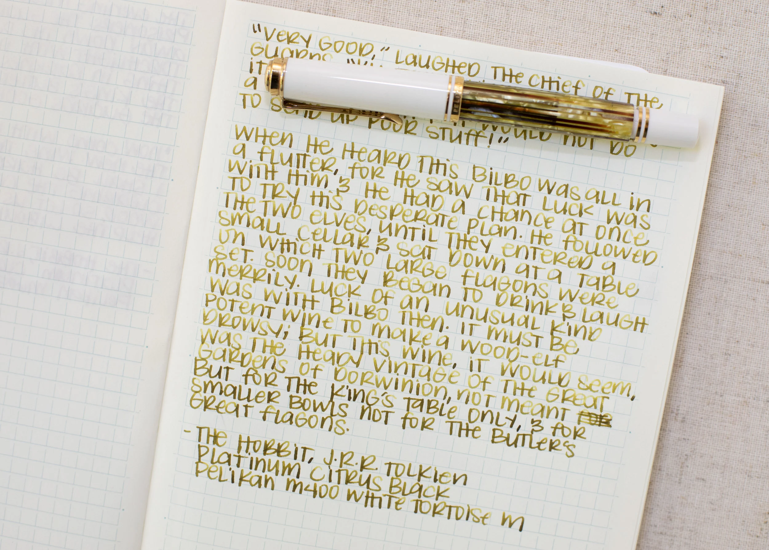 I used a medium Pelikan M400 White Tortoise on a Midori MD notebook. The ink had a dry flow.