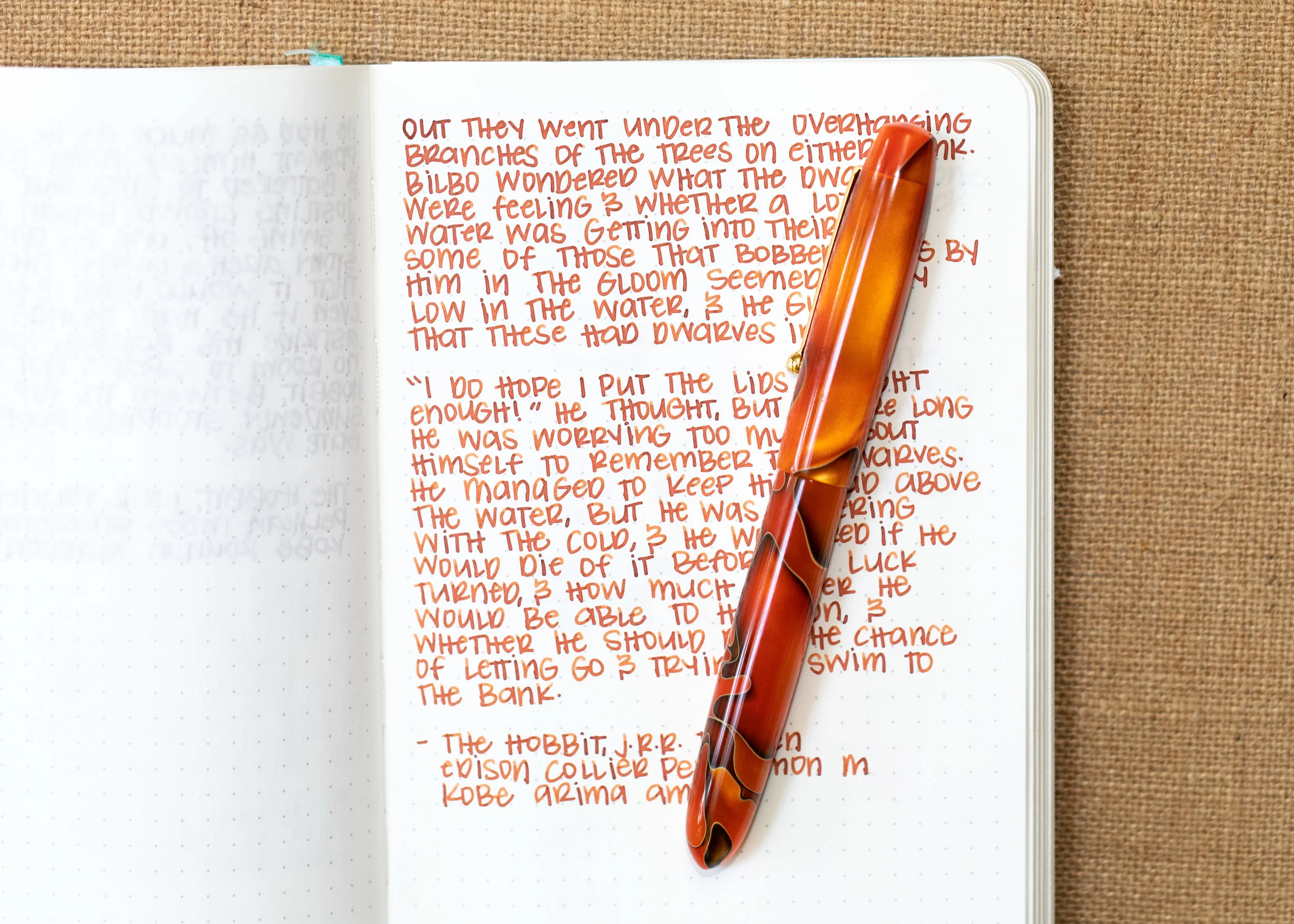 I used a medium Edison Collier Persimmon Swirl on Tomoe River 68gsm. The ink had an average flow.
