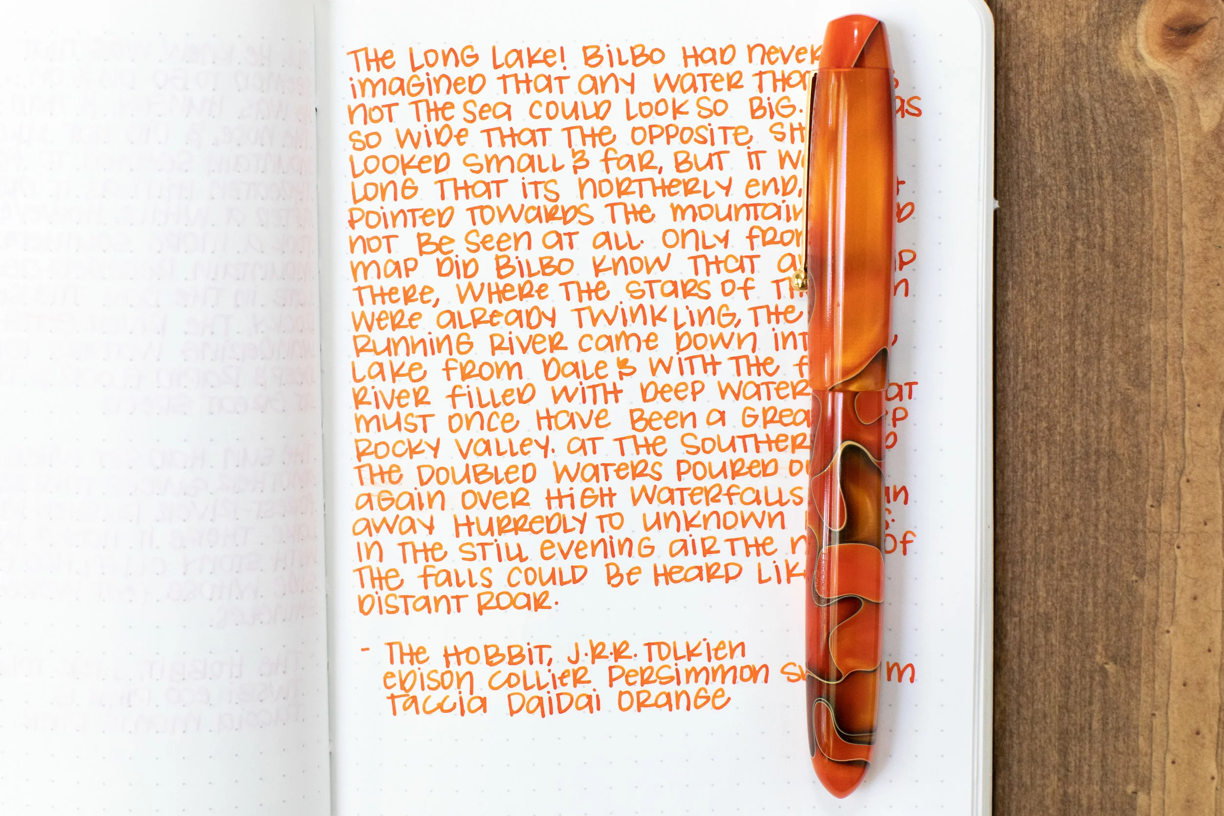 I used a medium Edison Collier Persimmon Swirl on Tomoe River 68gsm. The ink had a wet flow.