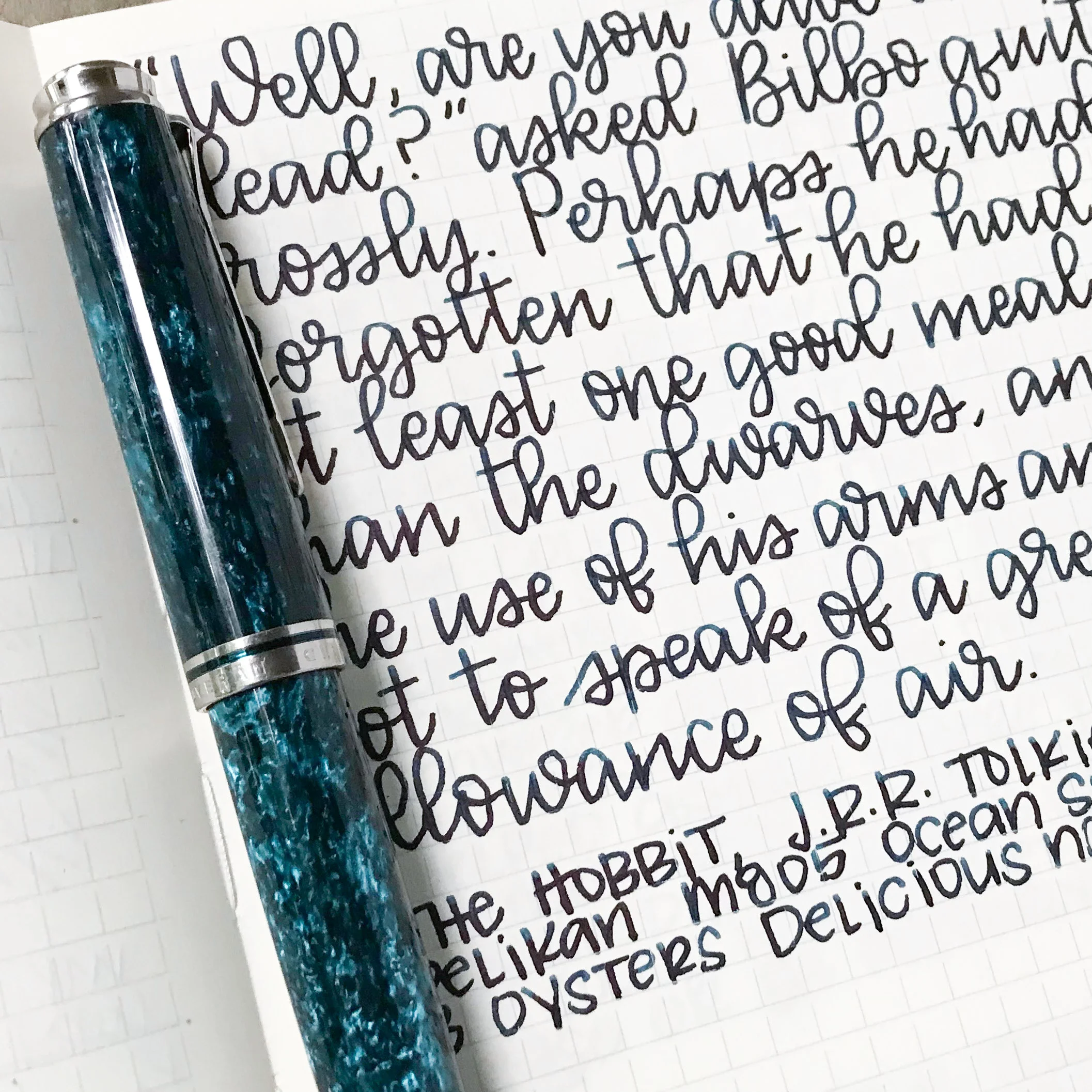 I used a broad Pelikan M805 Ocean Swirl on a Midori MD Notebook. The ink had a dry flow. The ink had skipping, hard starts, and railroading.