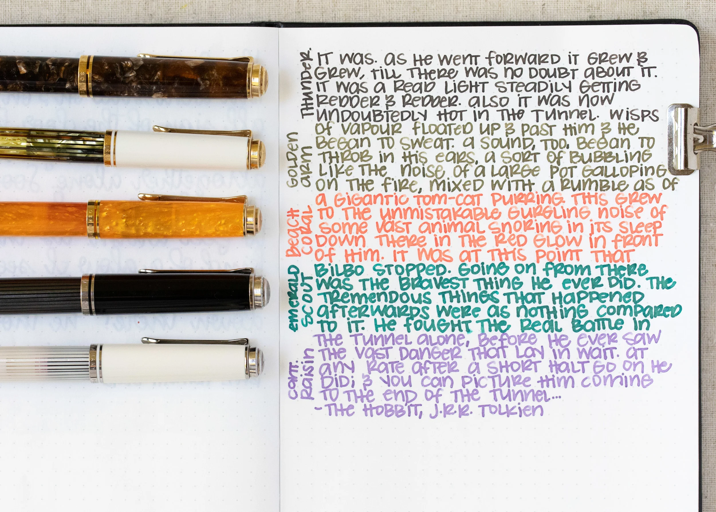 I used a Bond A5 (Tomoe River 68gsm). Top to bottom, I used: Pelikan M800 Renaissance Brown with a medium nib, Pelikan M400 White Tortoise with a medium nib, Pelikan M600 Vibrant Orange with a medium nib, Pelikan M805 Stresemann with a medium nib, and a Pelikan M605 White Transparent with a medium nib. All of the inks had an average flow, but the consistency was a bit thin, almost watery.