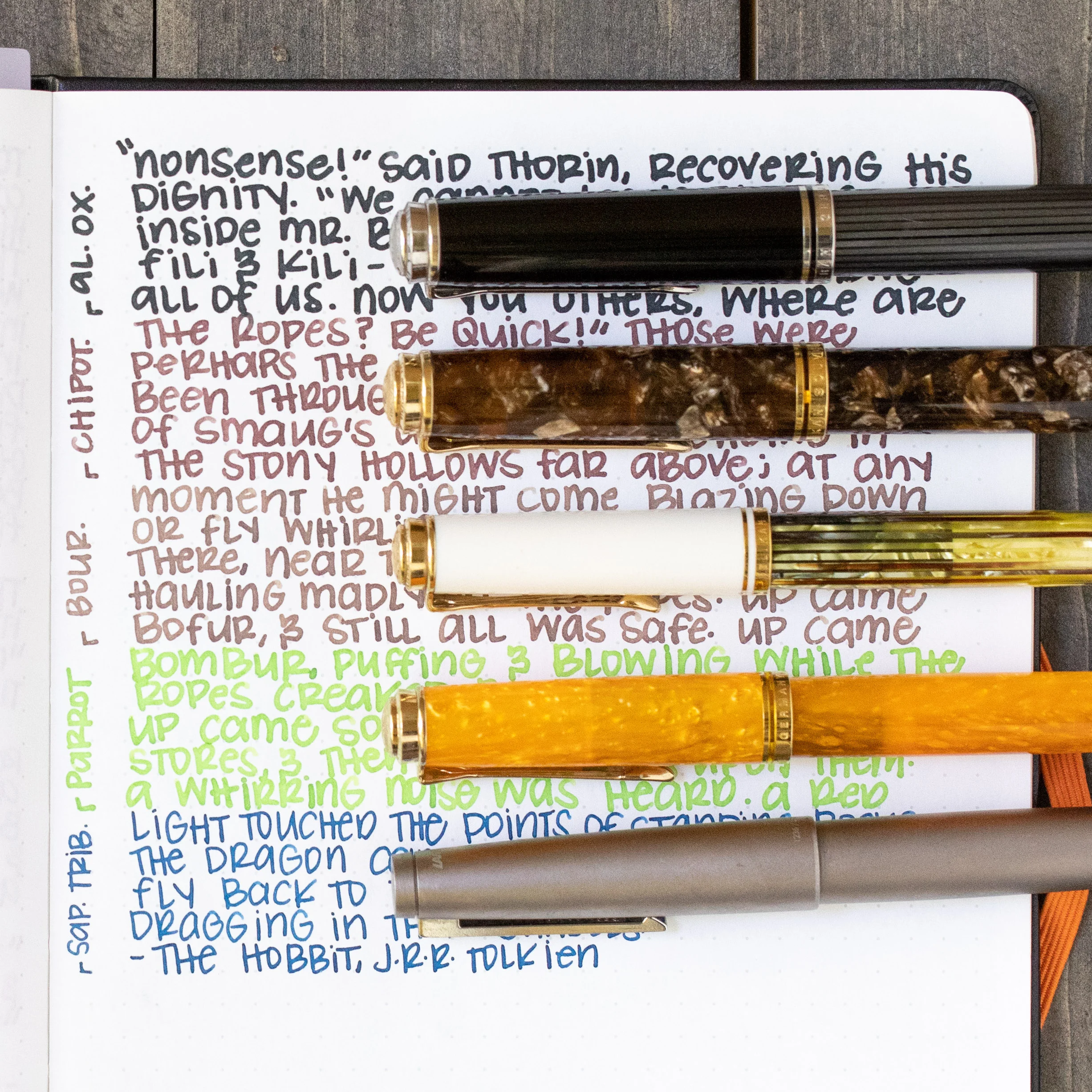 I used a Bond A5 (Tomoe River 68gsm). Top to bottom, I used: Pelikan M805 Stresemann with a medium nib, Pelikan M800 Renaissance Brown with a medium nib, Pelikan M400 White Tortoise with a medium nib, Pelikan M600 Vibrant Orange with a medium nib, and a Lamy 2000 Black Amber with a fine nib. All of the inks had an average flow, but the consistency was a bit thin, almost watery.