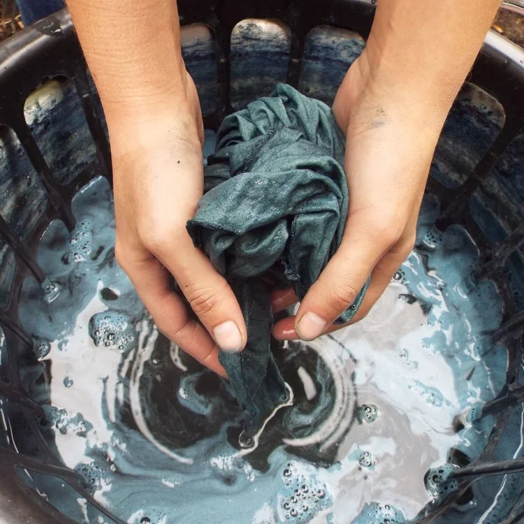 A workshop image of Lola Lely’s work with indigo
