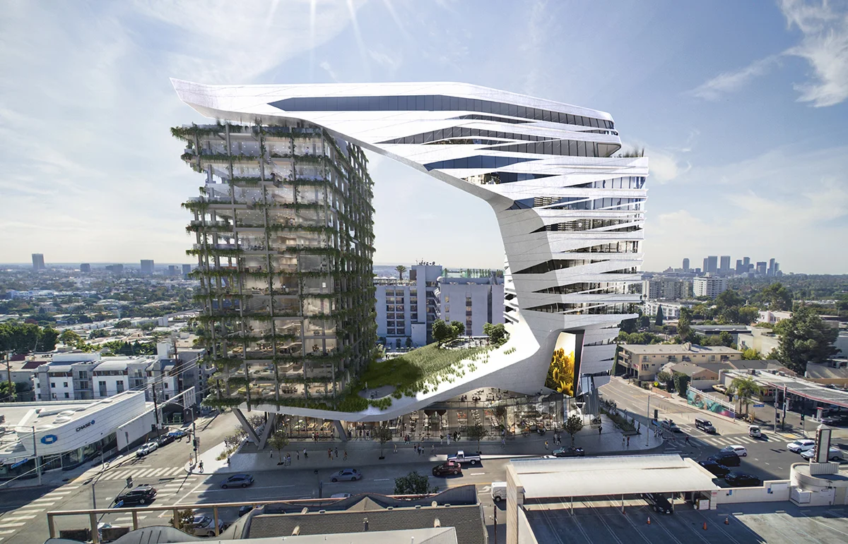 A mixed-use project would be built on the site of the live music venue the Viper Room on Sunset Boulevard in West Hollywood, California. Illustration: Morphosis Architects.