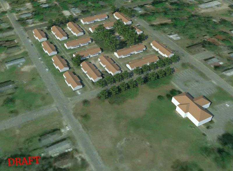 The existing design for public housing shows a block that is made up of three different building types arranged on the site. While it is nice that small public green spaces are established between the buildings, there is virtually no variation and the buildings are monotonous. These vignettes show how buildings could be renovated, or how the public housing could be redesigned in a way that does not displace citizens, but rather improve the quality of life for those who live in and around the community. One option shows what could be possible if some of the existing structures are replaced with houses that look like the houses in the neighborhood. Live/work units are included to help residents start their own business, a neighborhood resource center, pool, diner/café, and garden are built to create places for the community to gather and grow. Pavilions that could be rented out for parties, or events are included. The second option shows a reorganized block that shifts the green space to the corner with a neighborhood resource center. The pool, diner/café, pavilions, and community garden are included. All of the public housing is designed to look like the housing in the neighborhood with single family, multi-family, and live/work dwellings.