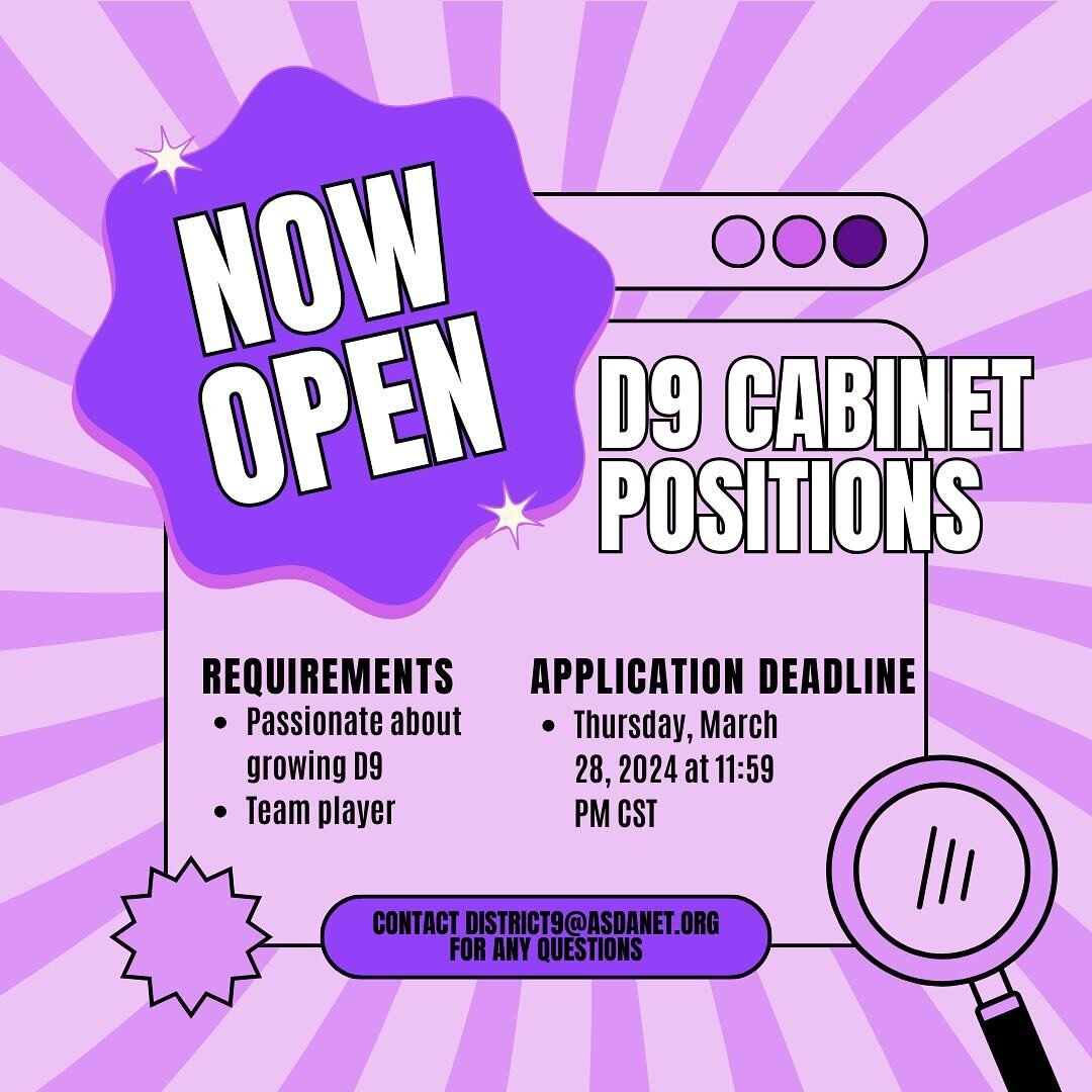 APPLICATIONS FOR D9 CABINET ARE NOW OPEN. 
Follow the link in our bio or copy and paste our caption to find the form. 
Due date: March 28th 12:59 CST. 
Link: https://forms.gle/mmrKYQEmLpu8d4QTA