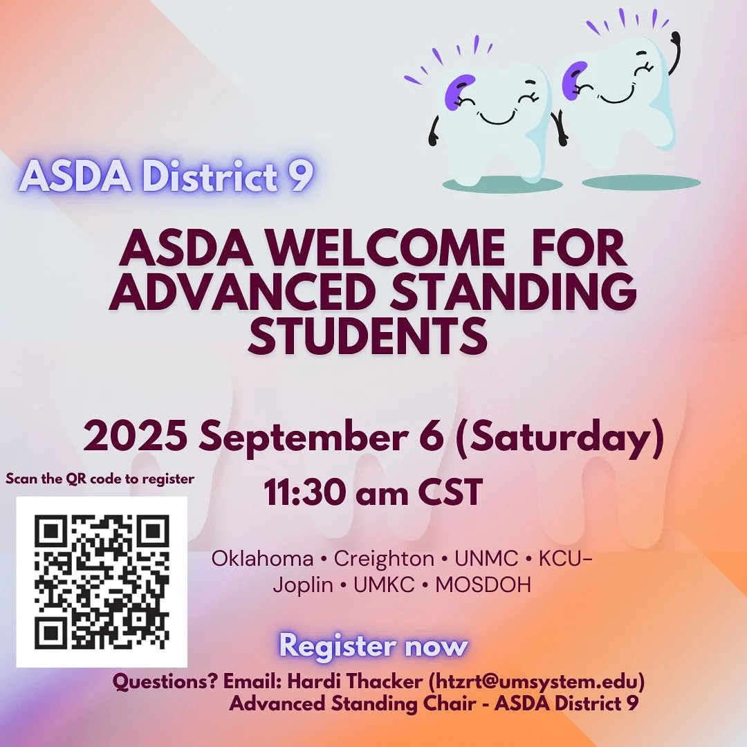 🎉 Welcome to ASDA, Advanced Standing Students! 🦷✨
We&rsquo;re so excited to have you join the District 9 family!

📅 When: Saturday, September 6, 2025
⏰ Time: 11:30 AM CST
💻 Where: Virtual &mdash; register using the QR code or link in bio

Whether