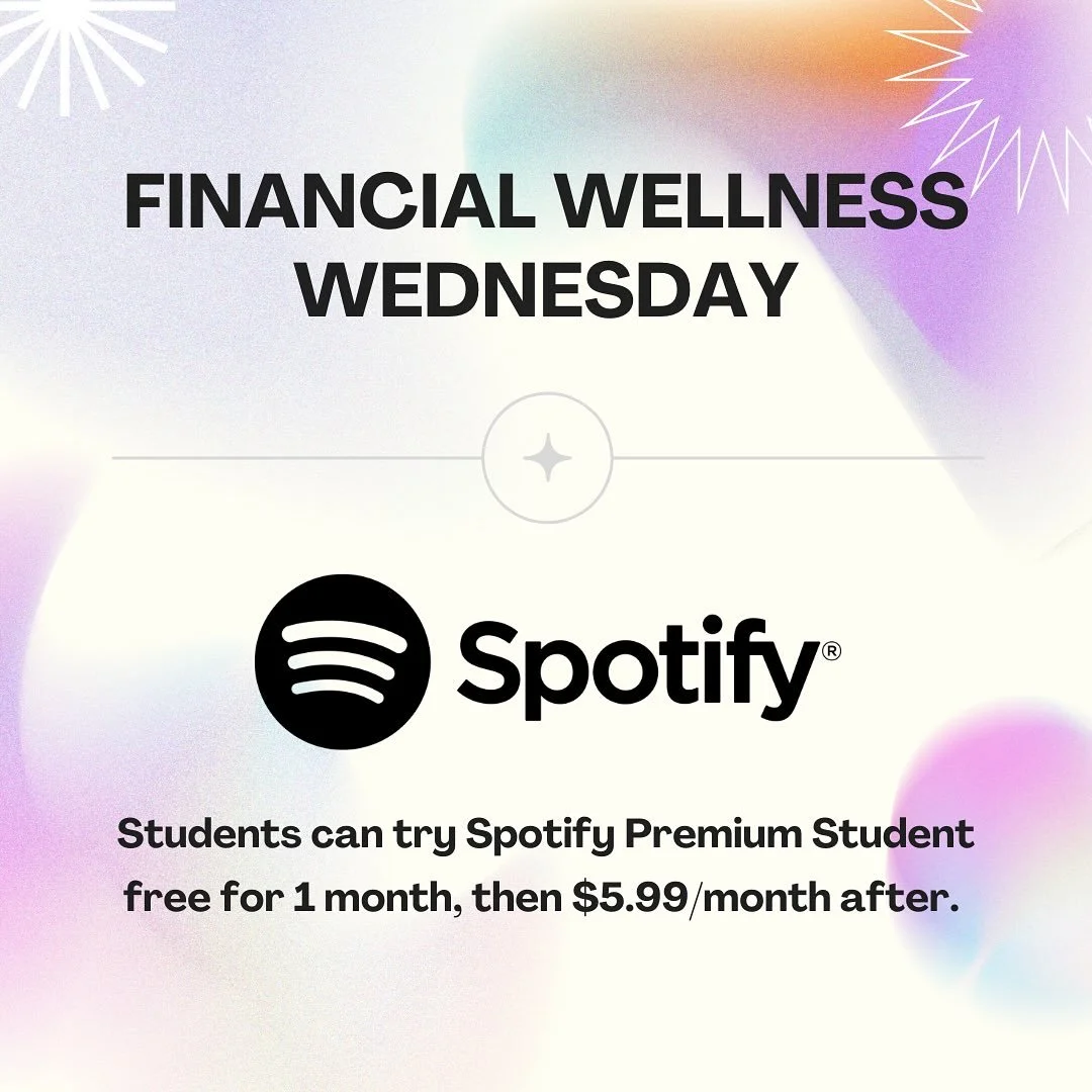 🎧 Financial Wellness Wednesday! 🎶

Students can try Spotify Premium FREE for 1 month, then only $5.99/month. Save money and enjoy unlimited study tunes, essential throwbacks, and your favorite podcasts! 🎙️✨ 

#FinancialWellnessWednesday #StudentPe