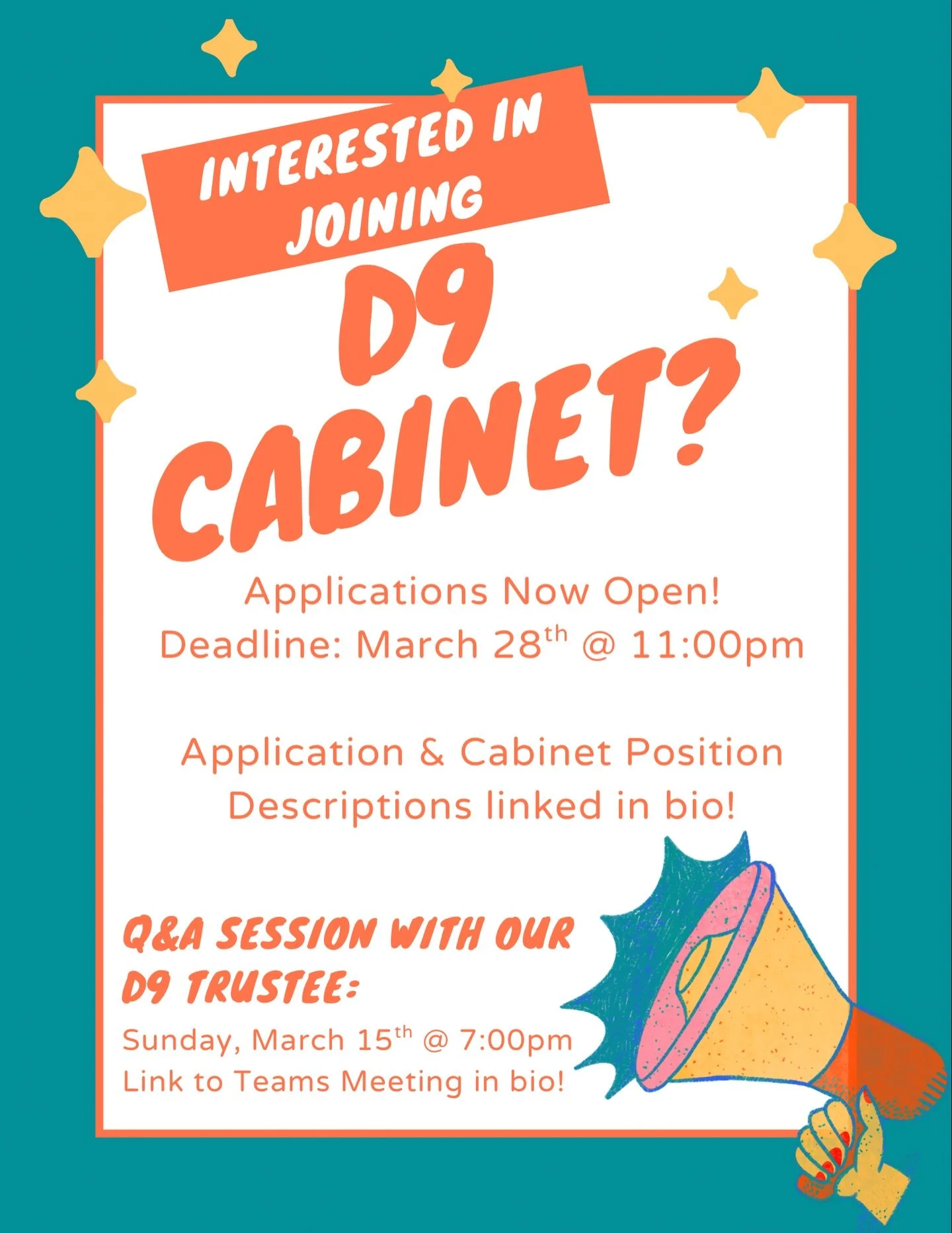 Want to join the D9 cabinet and get more involved with ASDA? 🦷

💻Join our D9 Trustee, William Alexander, on Sunday, March 15th at 7:00pm for a Q&amp;A session! Link to the session is in our bio (Teams meeting)! 

🗓️Applications are open now until 