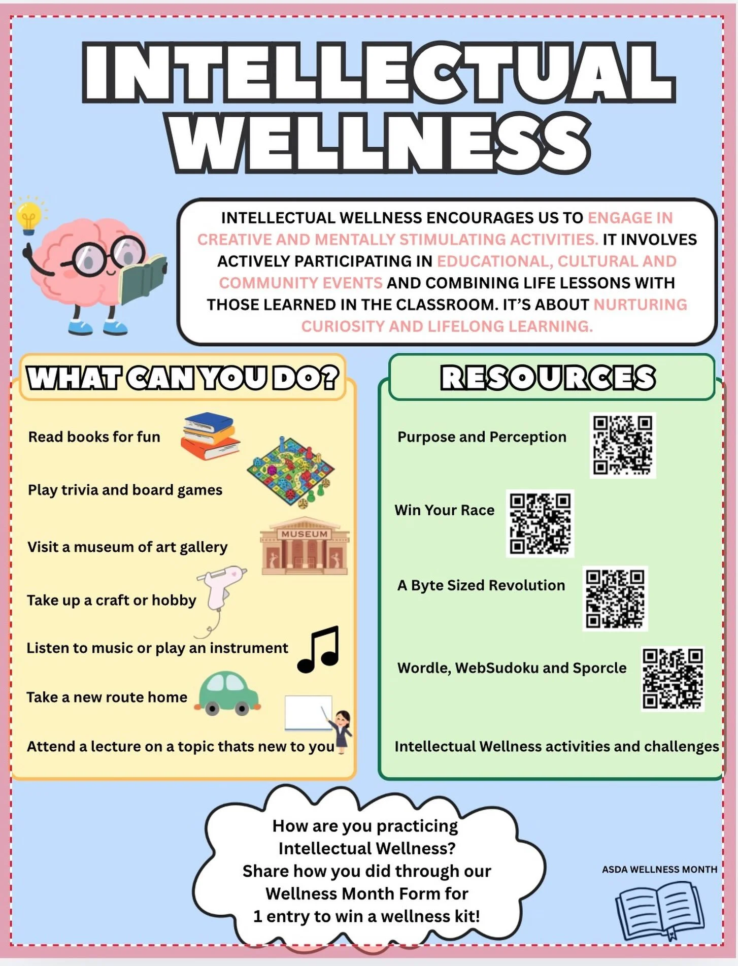 ASDA&rsquo;s Five Dimensions of Wellness include 

&bull; Intellectual 
&bull; Physical 
&bull; Emotional 
&bull; Occupational 
&bull; Financial 

We want to know how you&rsquo;re practicing intellectual wellness!! 
#asda #dental #dentalstudent #d9so