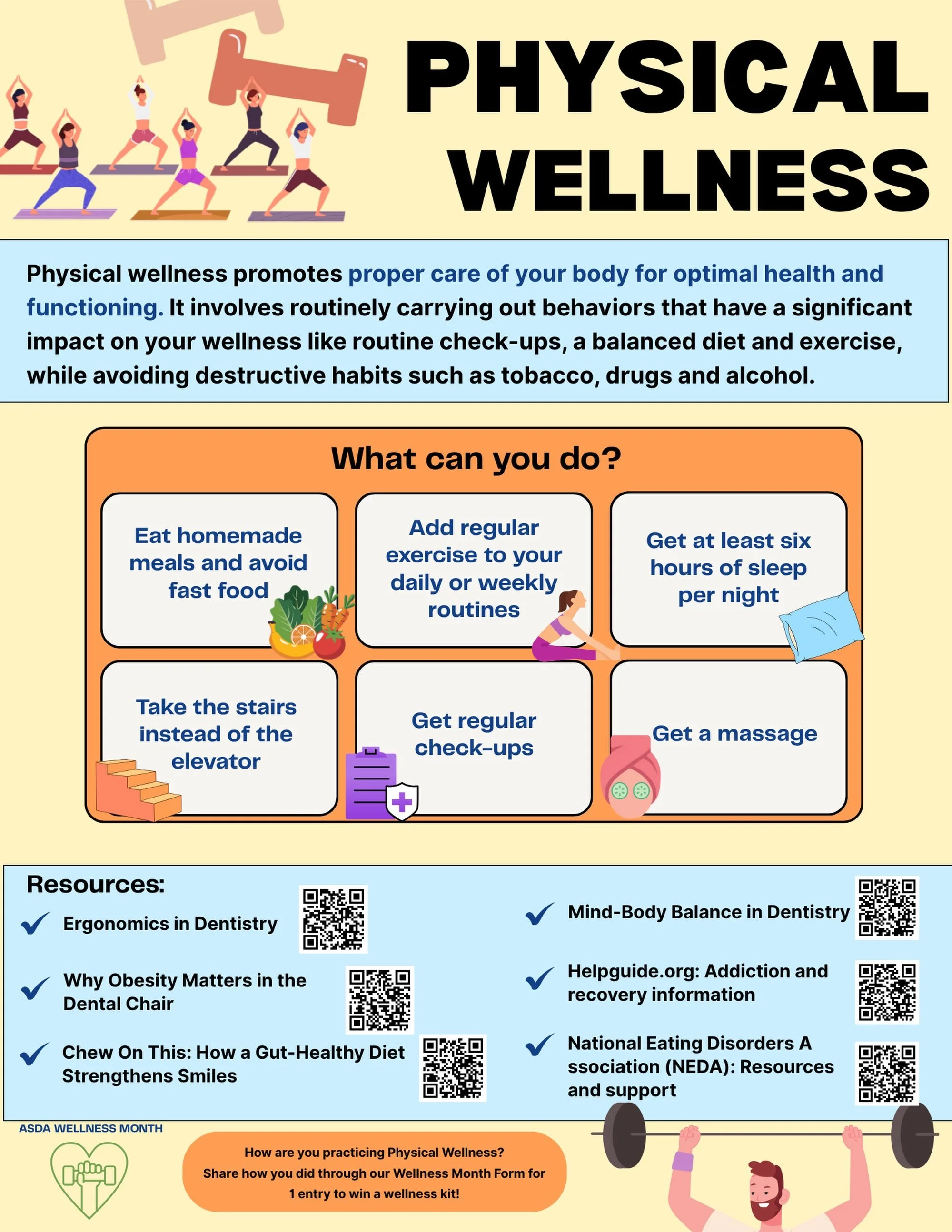💪✨ ASDA D9 Wellness Month: Physical Wellness! ✨💪

Taking care of yourself means taking care of your whole body! From staying active and fueling your body with nourishing foods to getting enough sleep and keeping up with regular check-ups, small hab