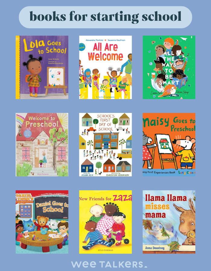 A 3x3 grid highlighting selected books about starting school.