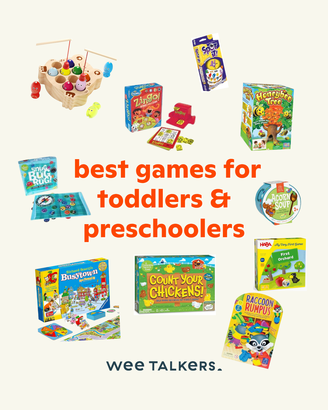 our top games for toddlers and preschoolers include games like zingo, honeybee tree, spot it, fishing game, count your chickens, my first orchard, raccoon rumpus, etc