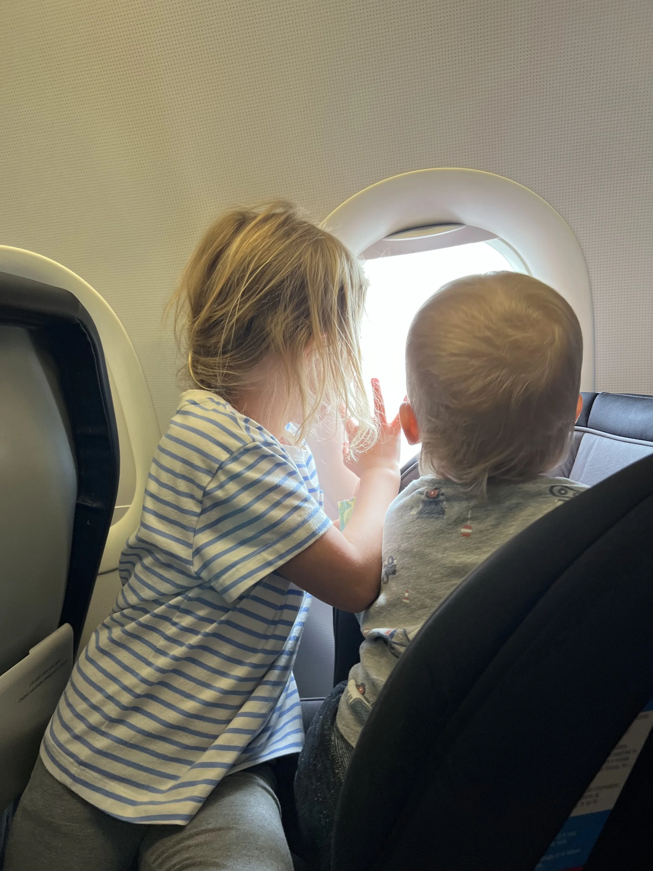 Two young children look out an airplane window.