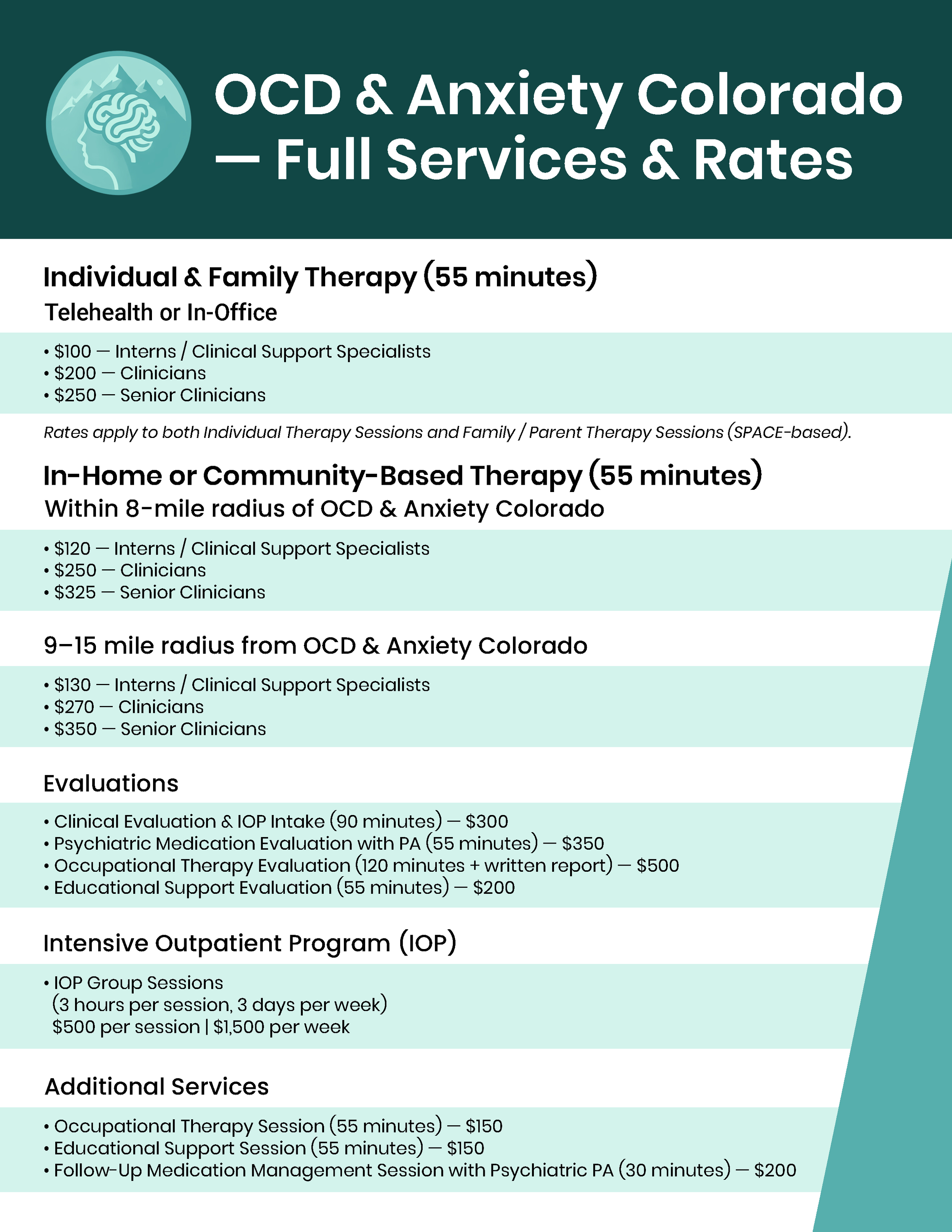 A flyer for OCD & Anxiety Colorado listing full therapy services, rates, and additional services for individuals and families. It includes options for telehealth, in-home, and outpatient programs, with prices for different provider levels and session types.