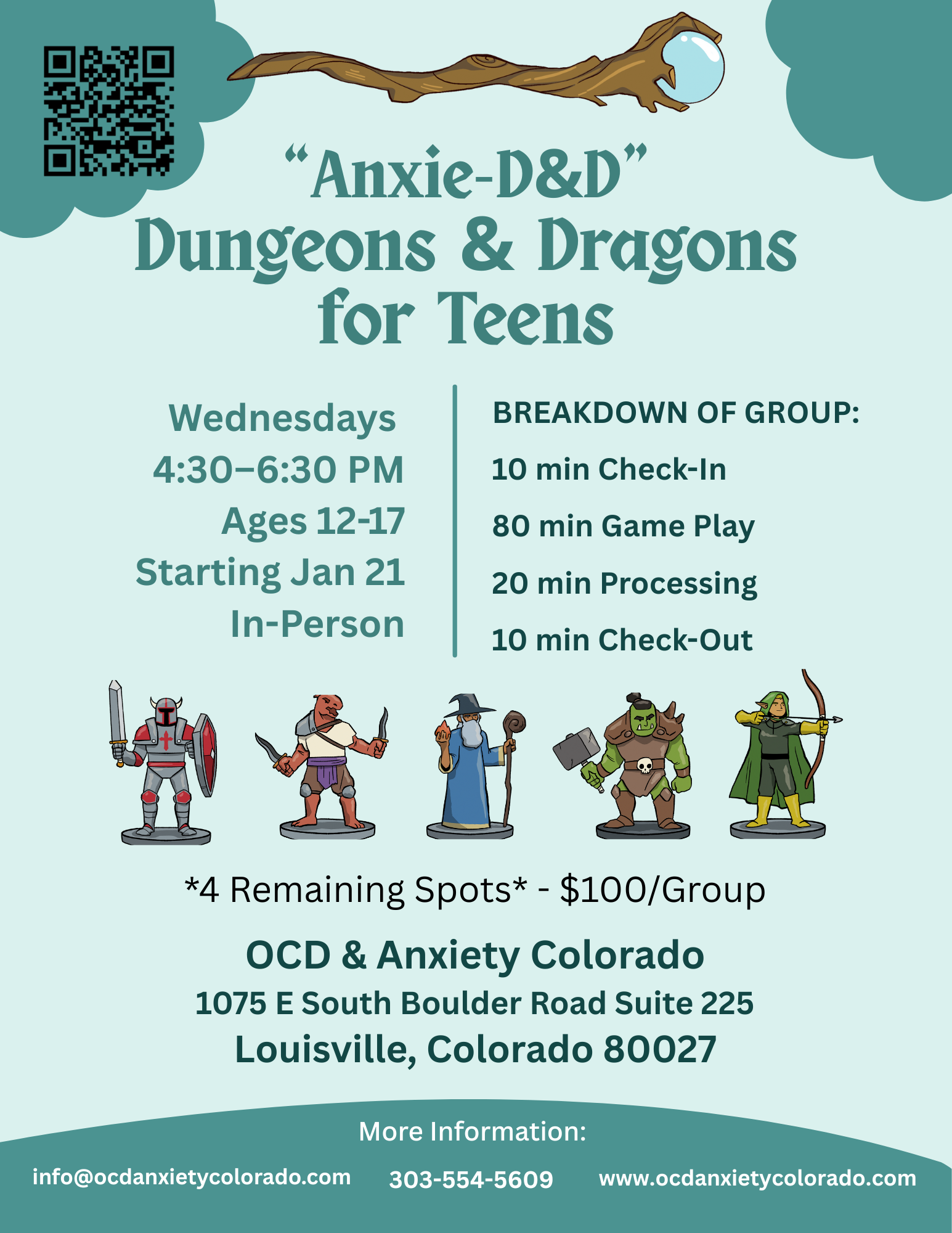 Flyer advertising 'Anxie-D&D' Dungeons & Dragons for Teens group at OCD & Anxiety Colorado, featuring cartoon characters of a knight, dwarf, wizard, orc, and elf, with a dragon and clouds at the top.