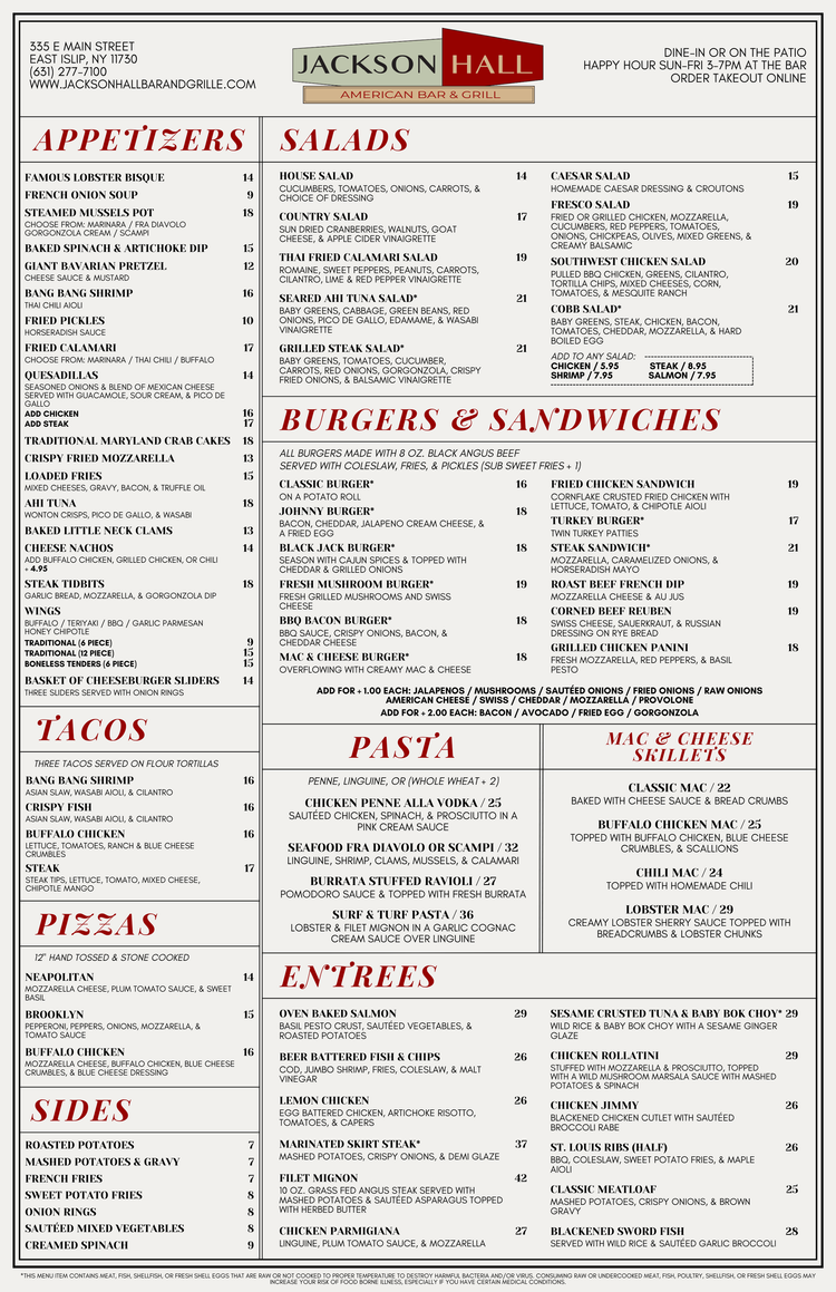 Menu — Jackson Hall American Bar & Grille