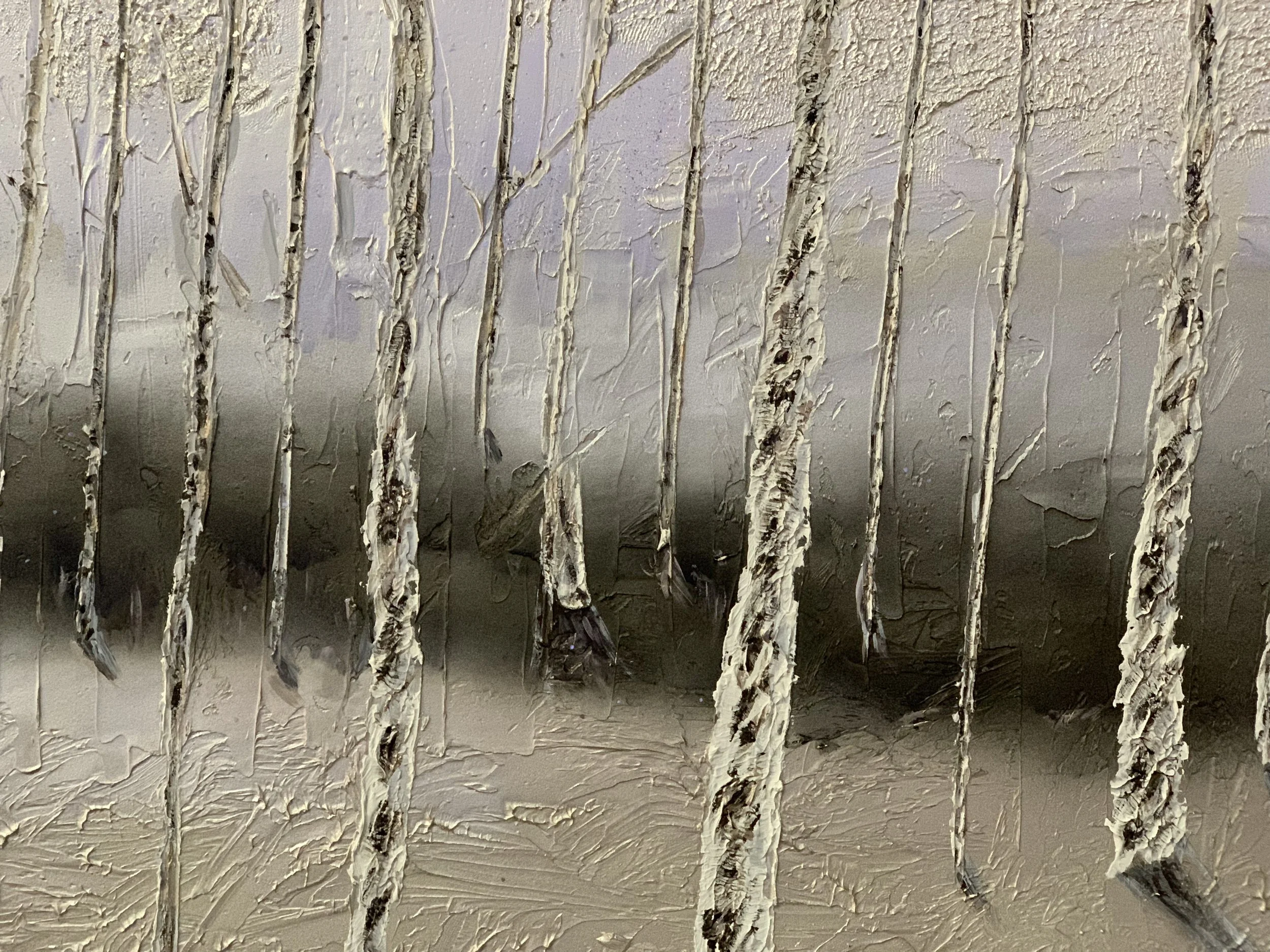 “Birch Trees are a statement piece. Lots of texture in tones of silver, grey, champagne and graphite. Shown in a 36x48.
