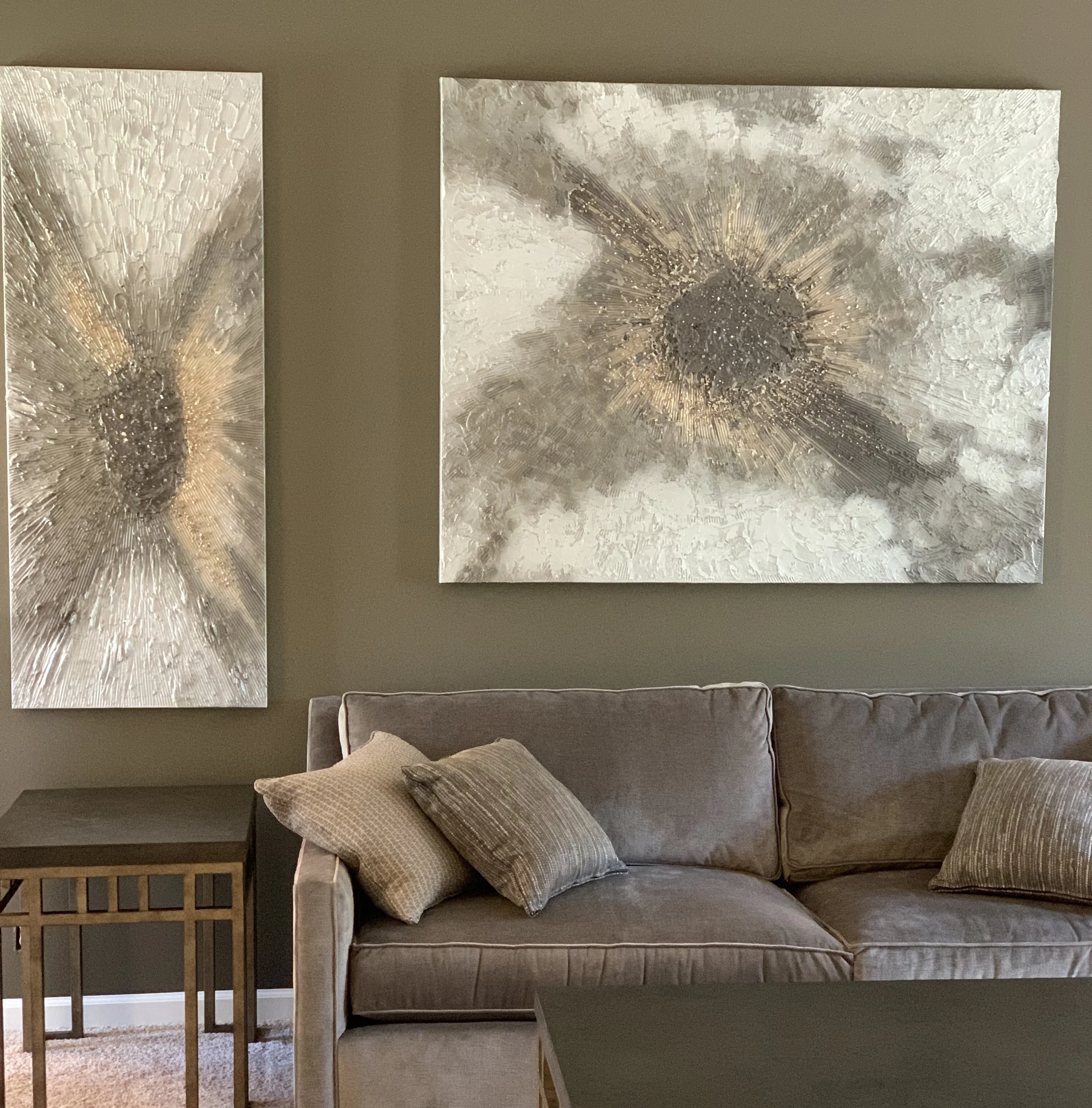 ‘Majestic’ has a lot of texture in tones of champagne, mocha and grey. The vertical piece is 24x60 and the horizontal is 48x60.