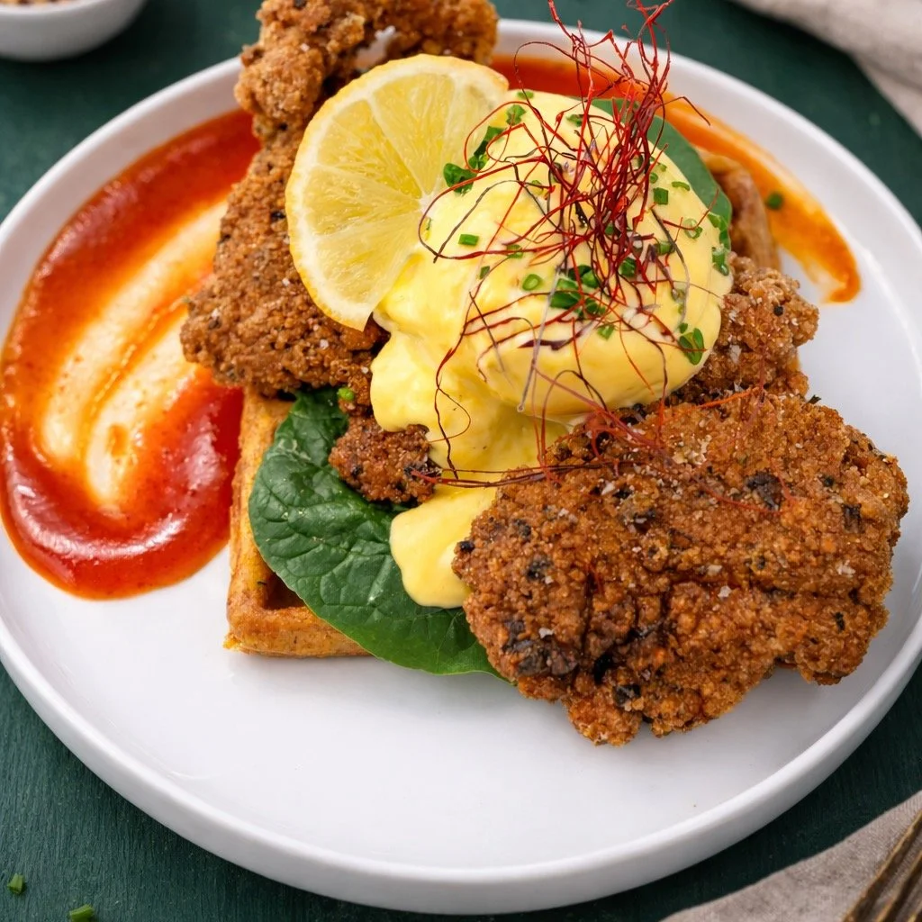 Southern Fried Chicken &mdash; Weekly Special
Crispy southern fried chicken, poached egg, chive &amp; cheese waffle, spinach, chilli honey, miso hollandaise and chilli threads.
Sweet. Savoury. A little heat. A lot of crunch.
$29

Walk in or book via 