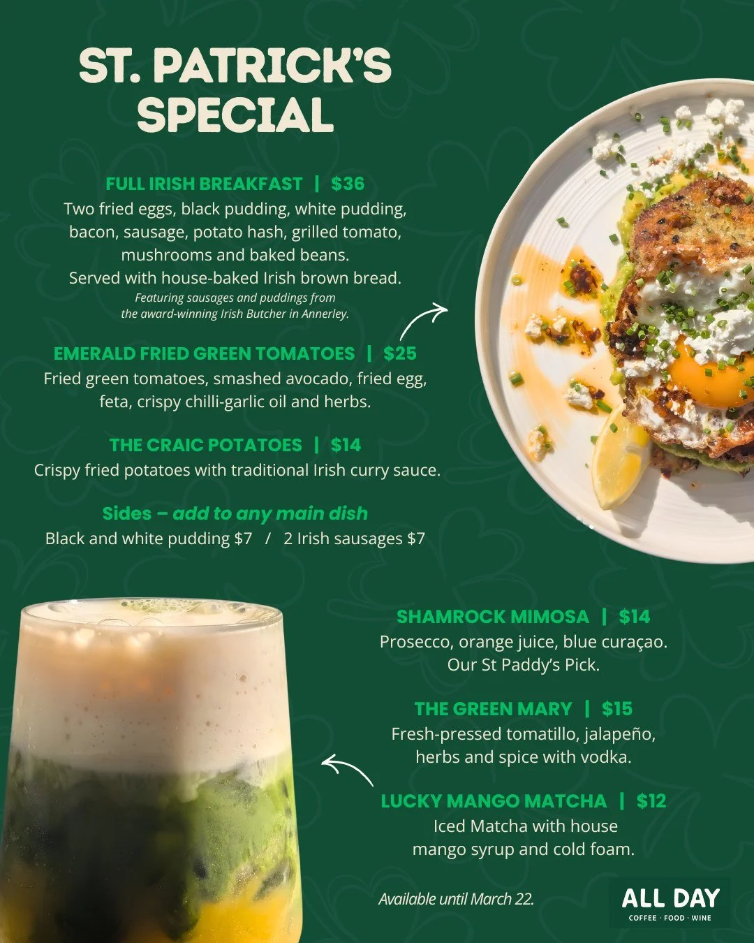 Final day approaching ☘️

The St. Patrick&rsquo;s menu won&rsquo;t be here for long.
And trust us, you don&rsquo;t want to miss this one.

Come through before it&rsquo;s gone.
Available until March 22.

📍 21 Buchanan Street, West End

⏱️ Opening Hou