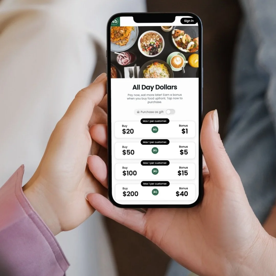 Drink coffee. Get instant bonus credit. Save cash. 💸✨

Say hi to ALL DAY Brandollars on Liven! Scan the QR code on the screen to download the app, load up credit, and score instant bonus dollars to spend at ALL DAY. That extra pastry is basically on