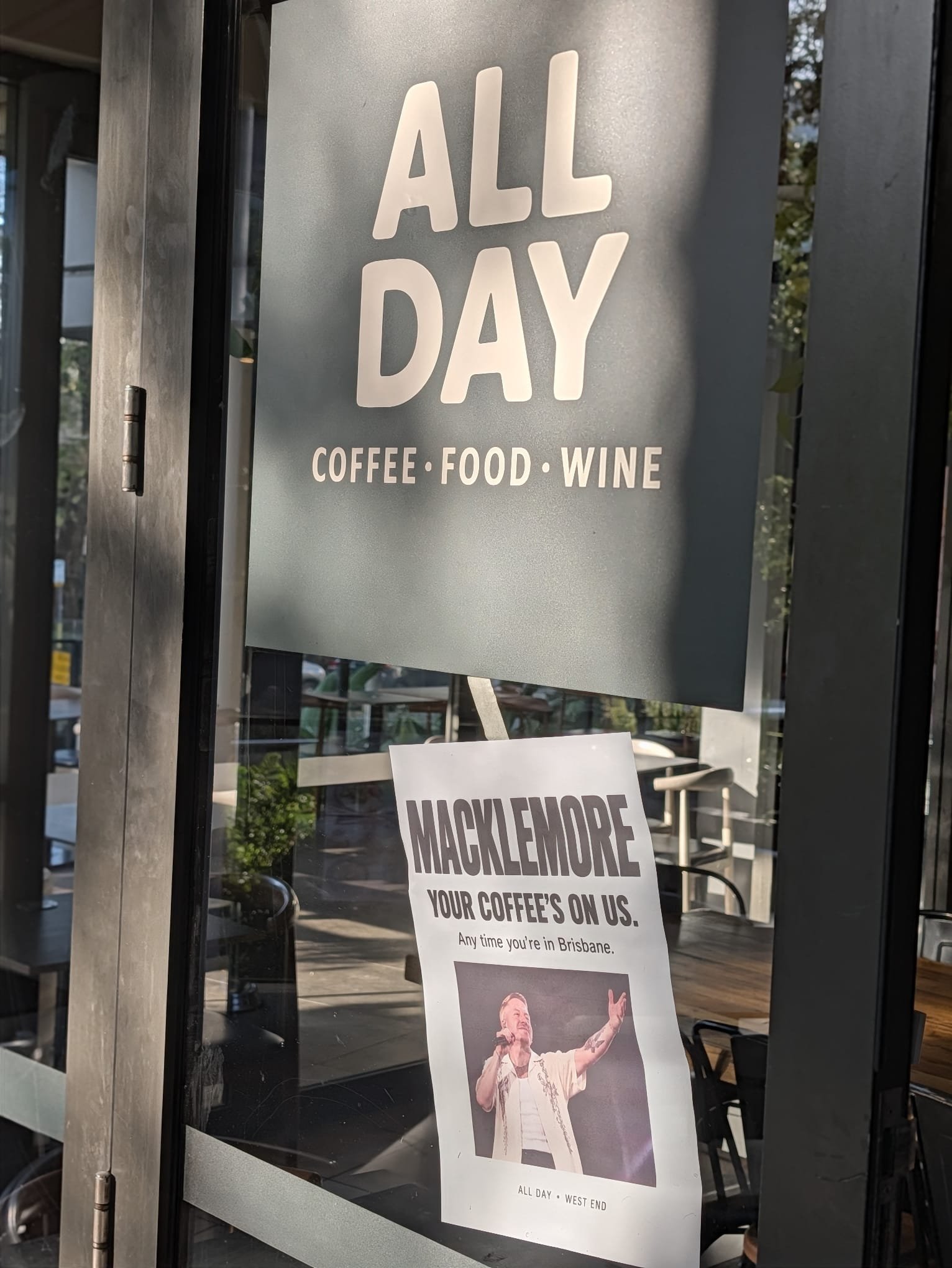 @macklemore, if you're ever in West End, your coffee's on us.
No strings attached. We just think you're a good bloke.
The offer stands. ☕️
#ALLDAYWestEnd #ALLDAYCafe #WestEnd #Brisbane #Macklemore #BrisbaneCafe
