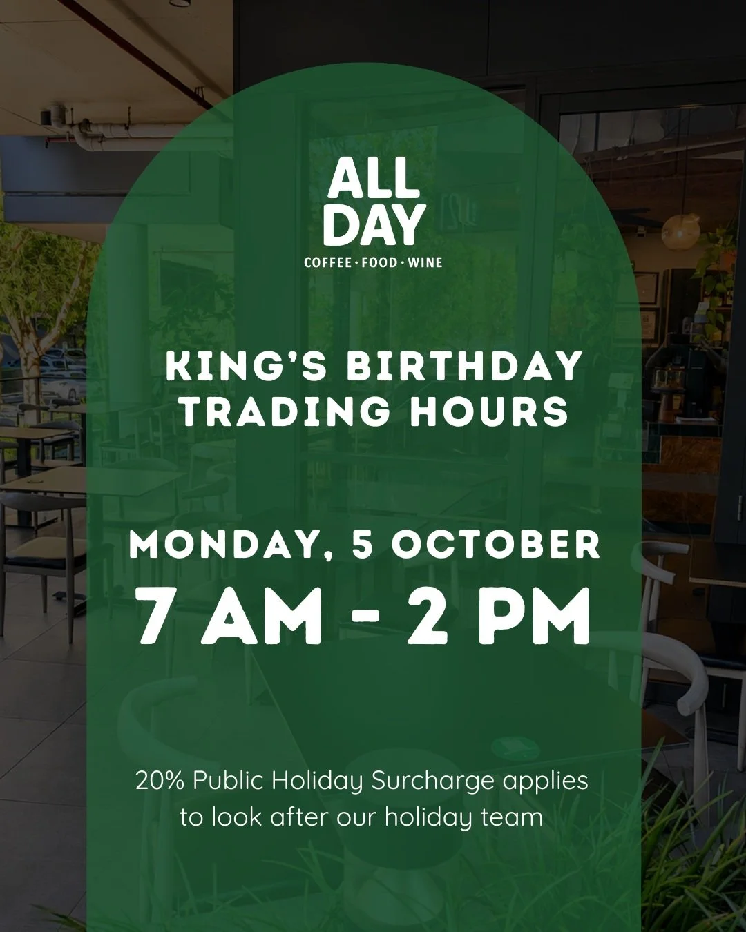 Long weekend plans, sorted. 👑☕️

We&rsquo;re open and pouring all morning this Monday for the King&rsquo;s Birthday public holiday. Join us in West End for your usual coffee fix, long brunch, and holiday vibes from 7:00 AM to 2:00 PM.

A quick heads