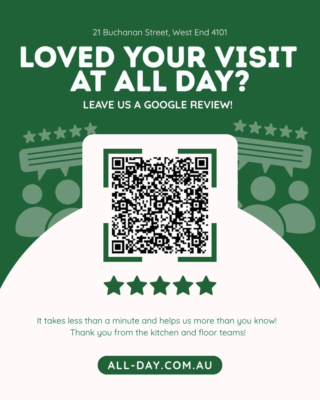 Loved your recent visit to ALL DAY West End? 

It takes less than a minute to leave us a rating on Google, and it means the world to our kitchen and floor teams!

Tap the link in our bio to share your thoughts, or simply scan the QR code in this post