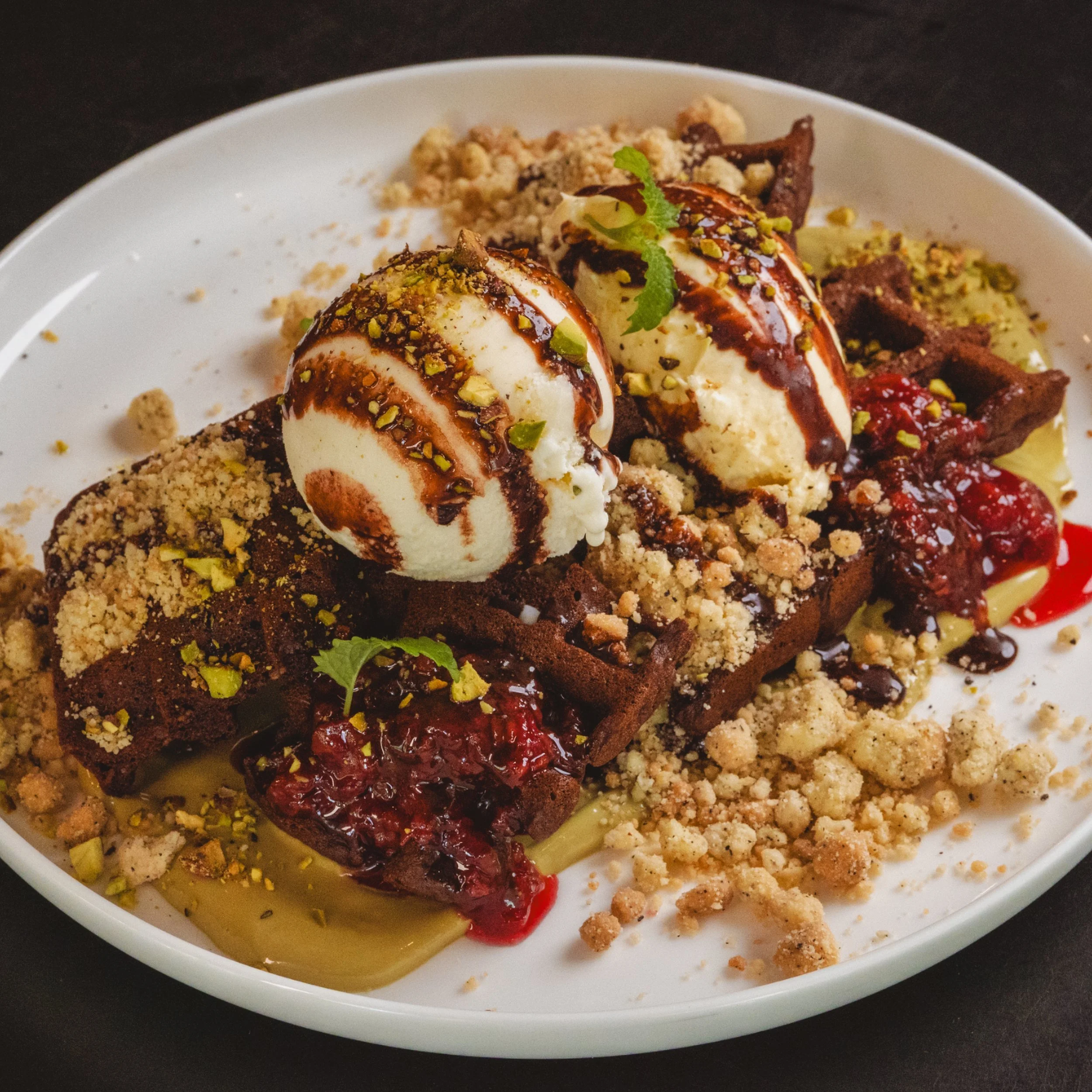 Chocolate waffles with ice cream and pistachio at ALL DAY café in West End Brisbane