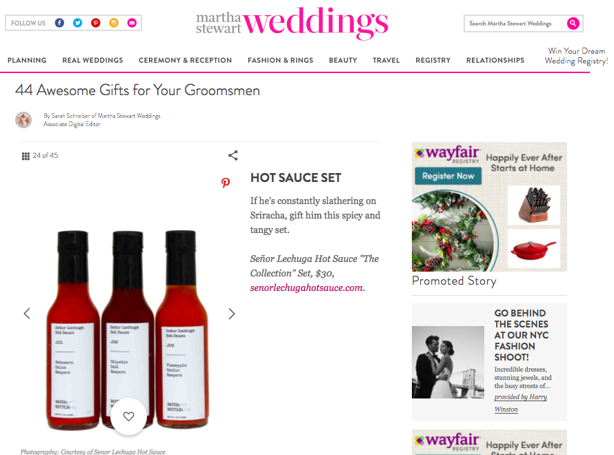 Martha Stewart Weddings 44 Awesome Gifts for Your Groomsmen "If he's constantly slathering on Sriracha, gift him this spicy and tangy set."