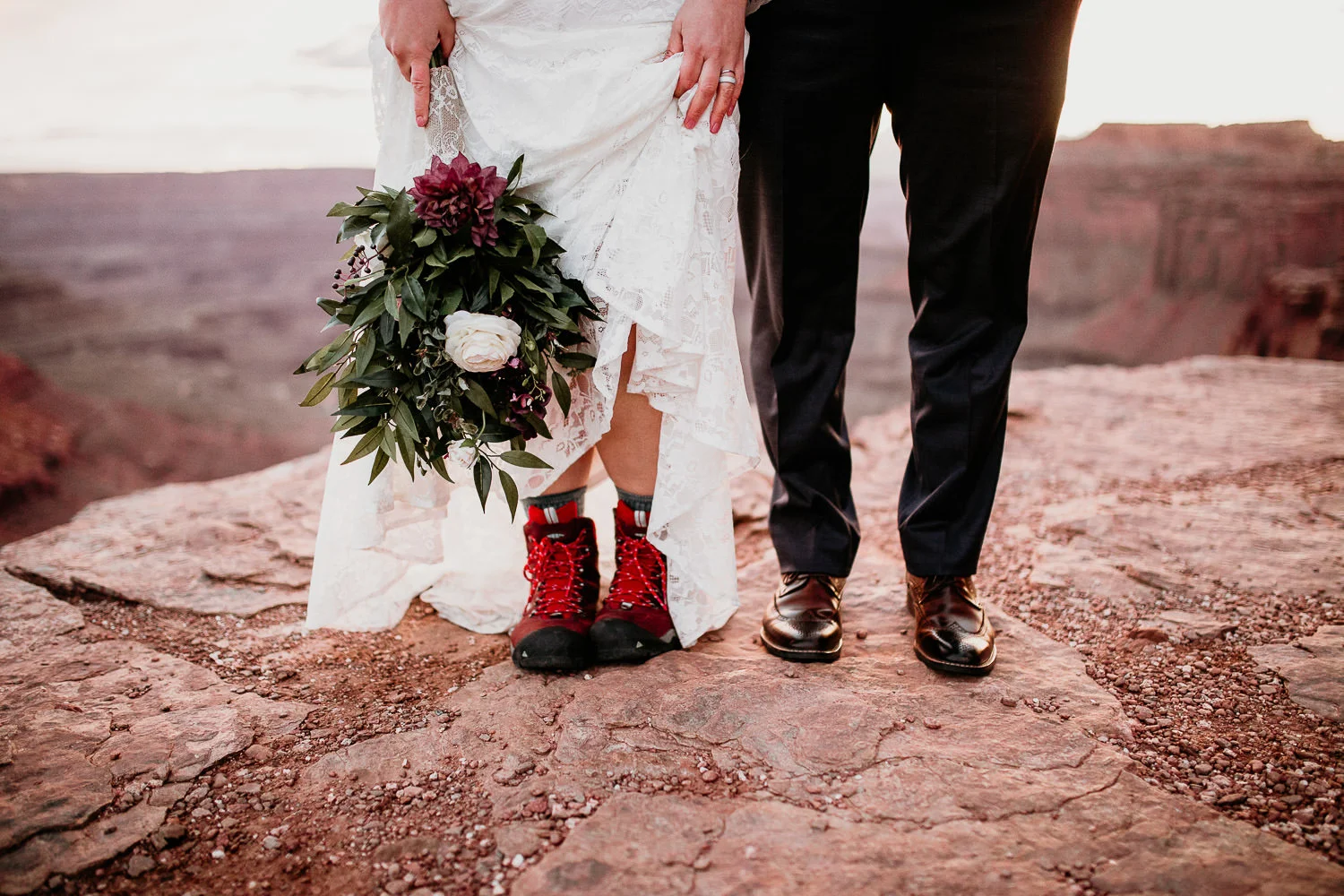 Bride in hiking boots. Moab Adventurous Photographer