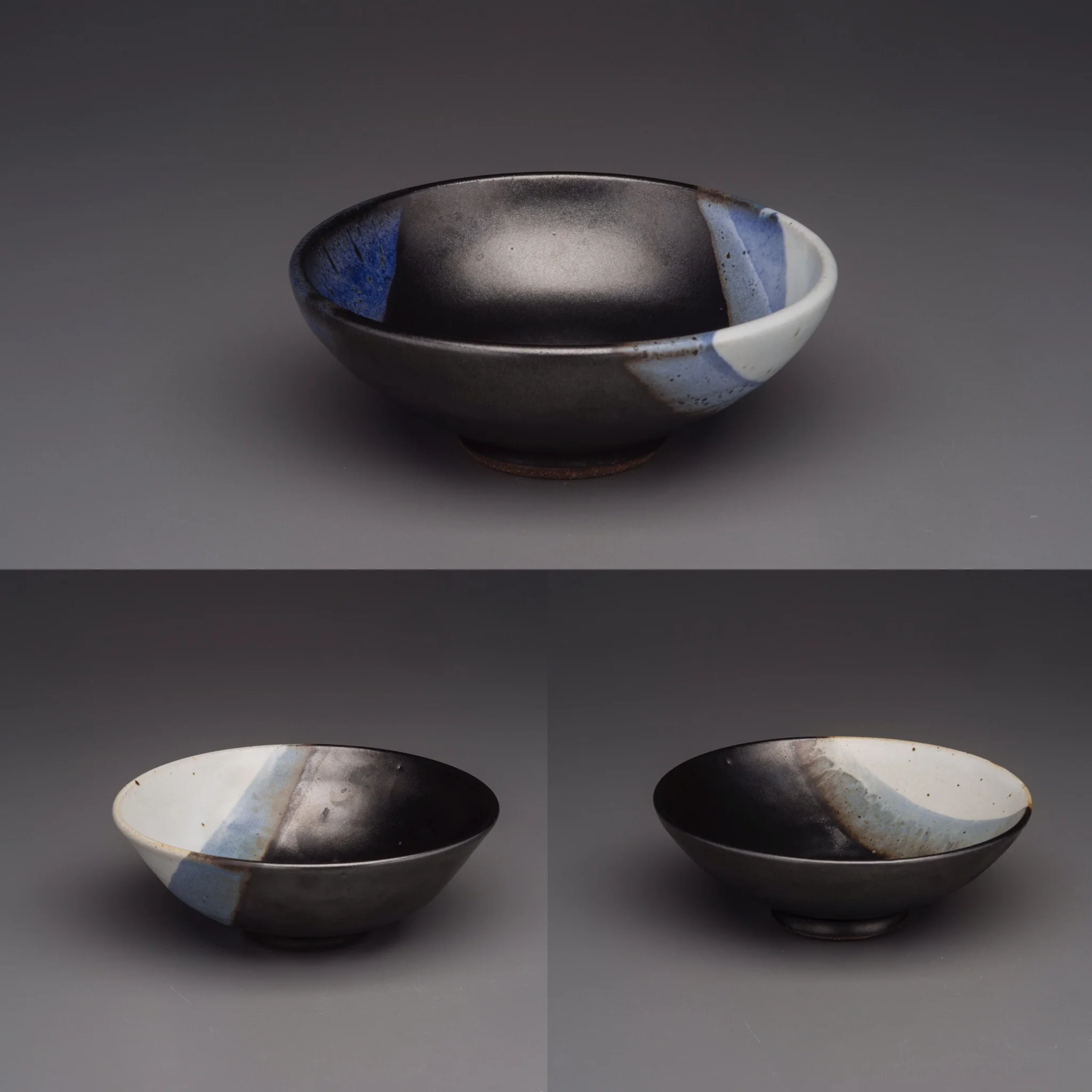 Small stoneware bowls wlth Alfred Black and overlay glazes, Reduction.