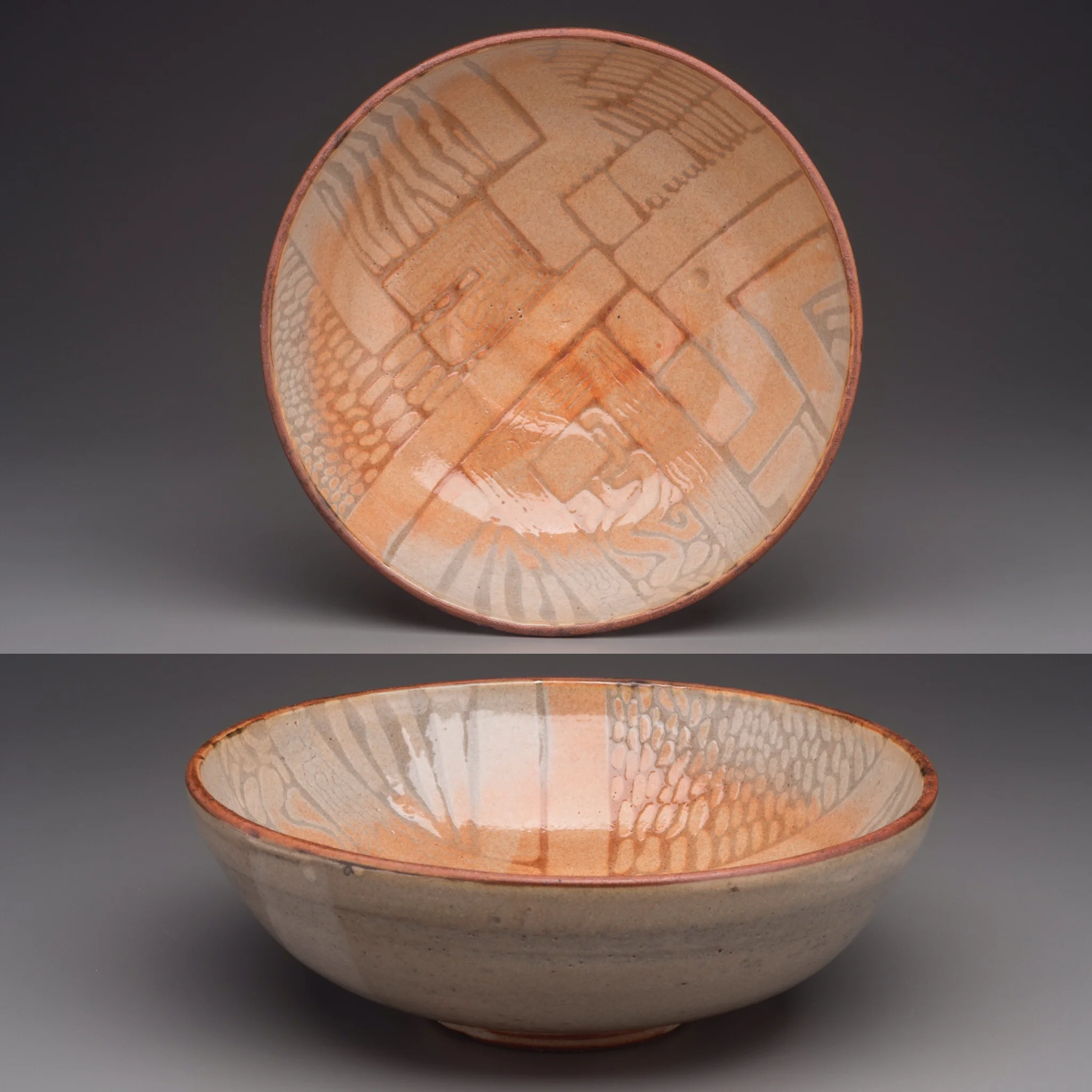  Stoneware serving bowl with porcelain slip decoration and shino glaze, Reduction. 