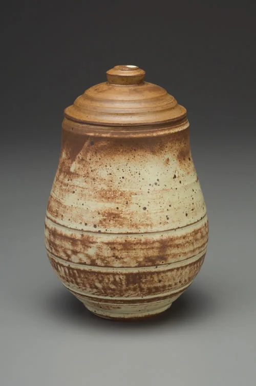 Stoneware jar, oxides and spodumene glaze.
