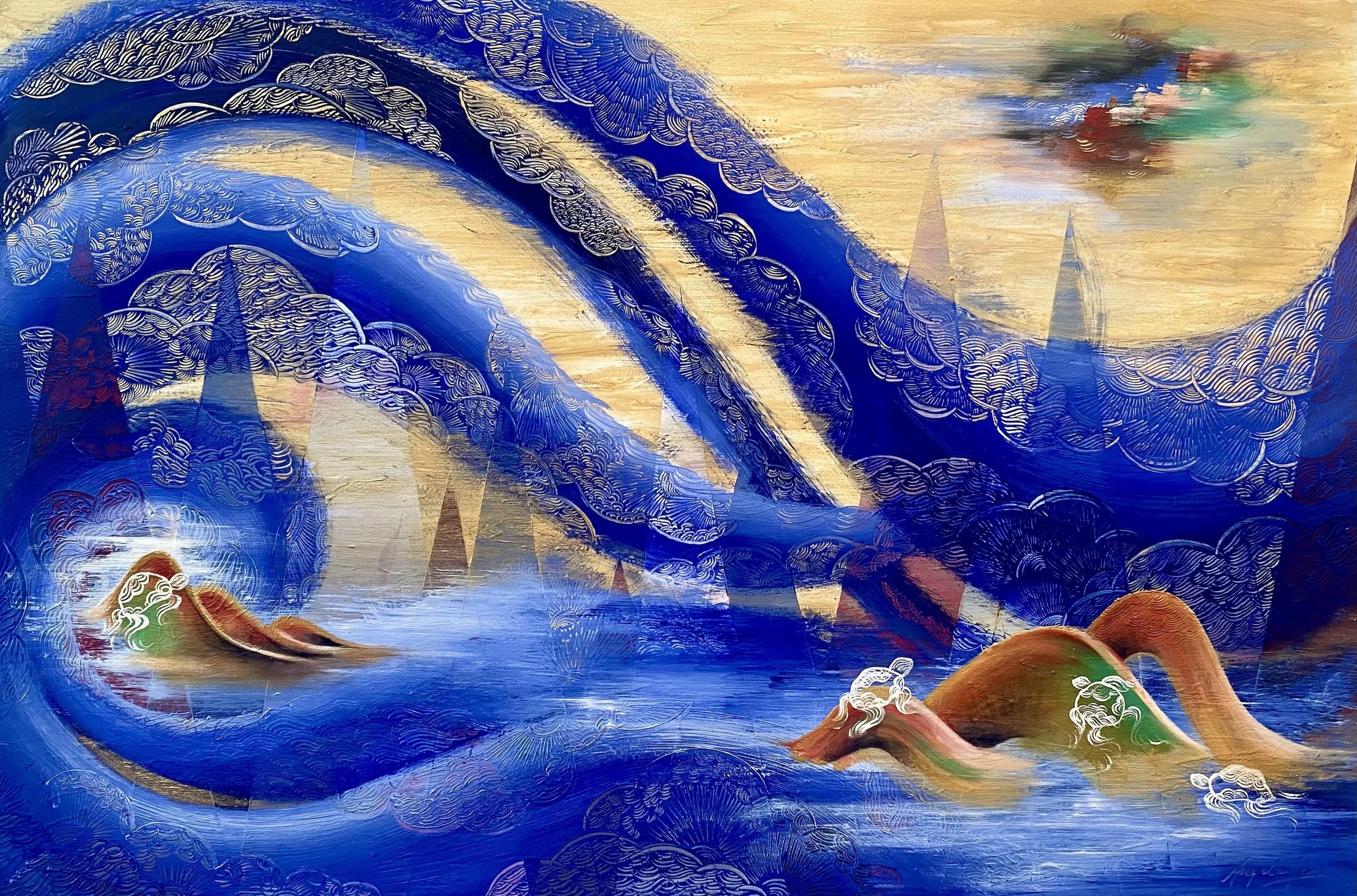 Serpents of Khaos II, Oil and acrylic on gessobord, 24"x36", 2024, Angela Han