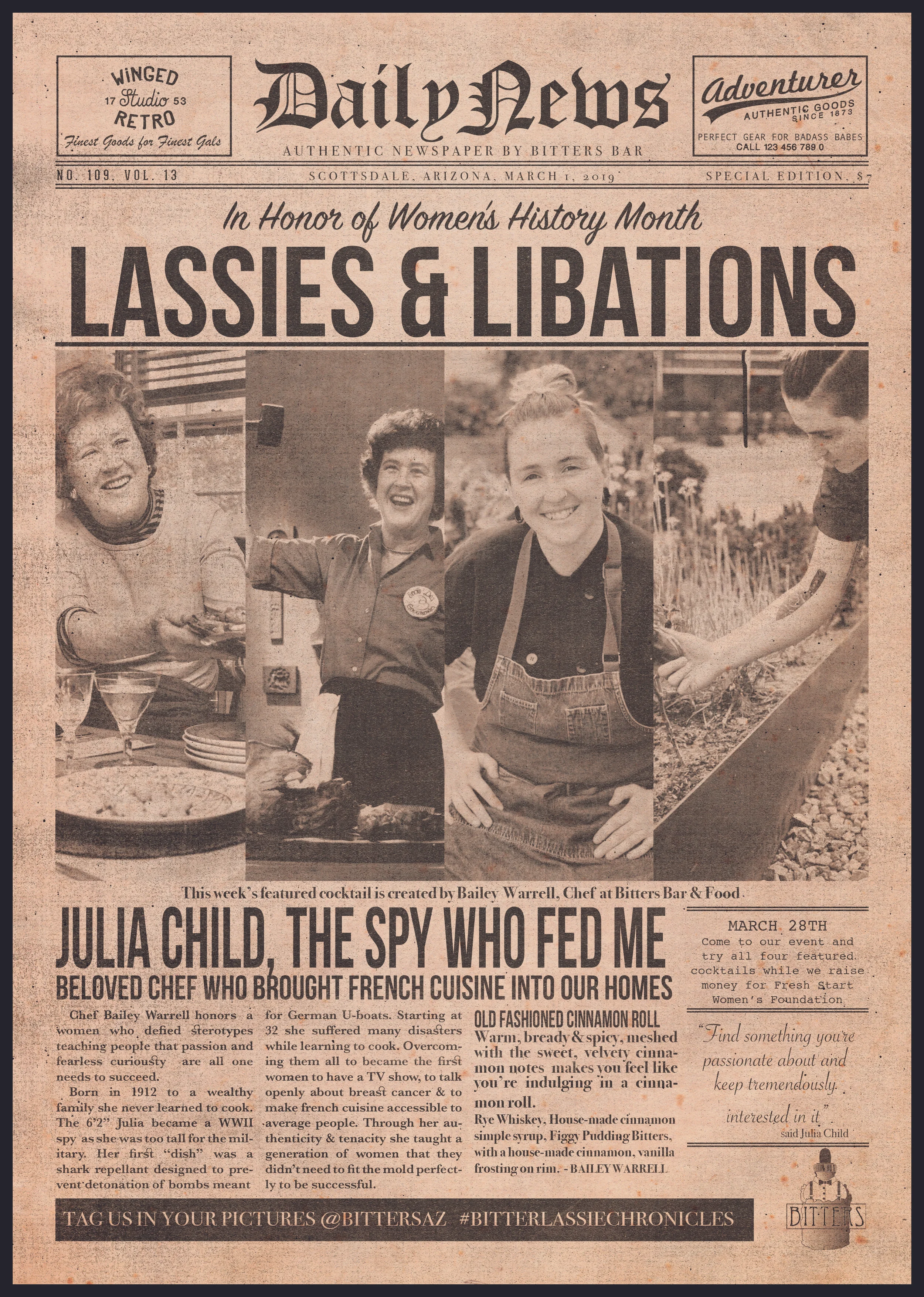 Week two “newspaper” featuring Julia Child, Chef Bailee Warrell and the Cinnamon Roll Old Fashioned.