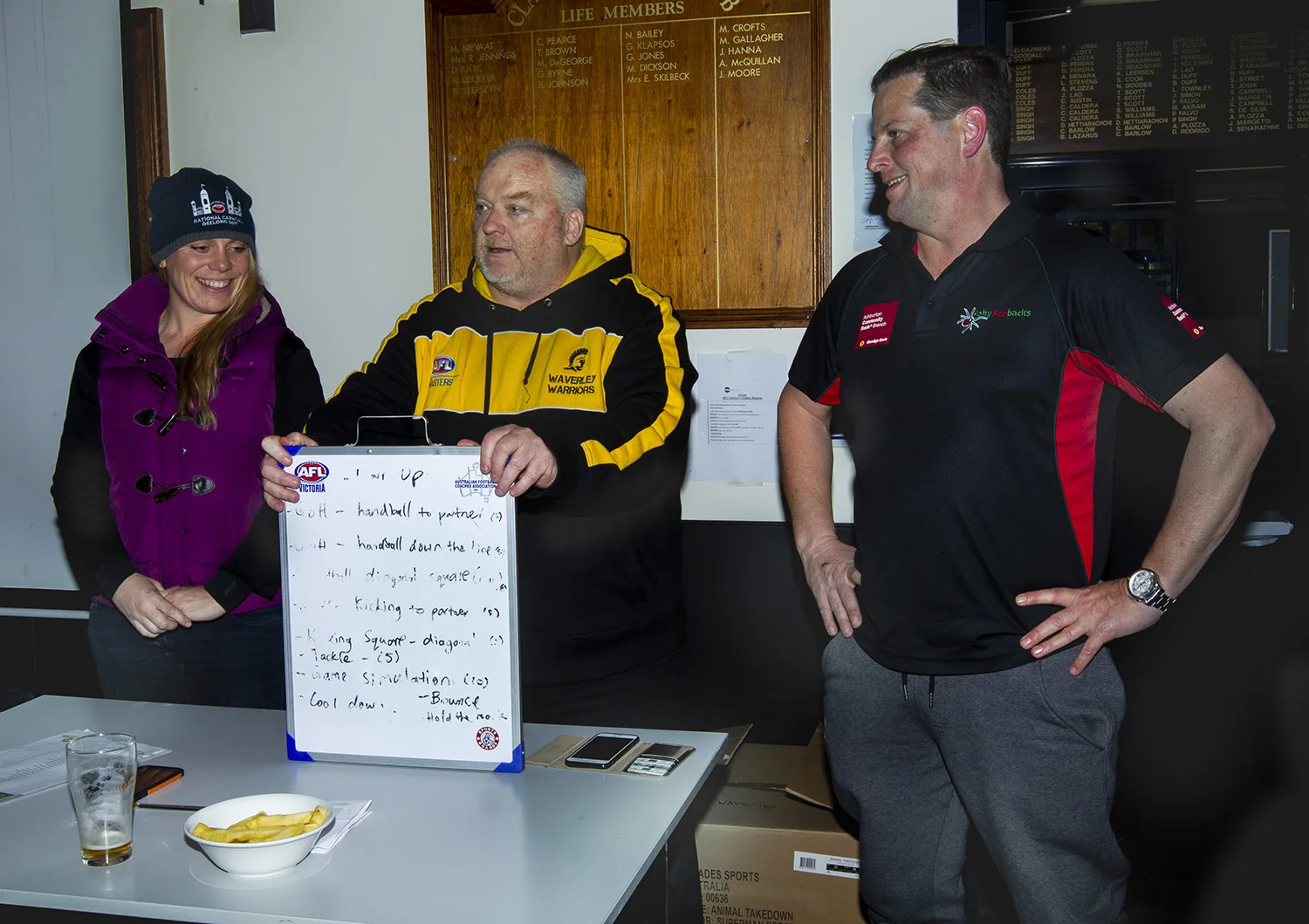 Competition coordinator Jill Chalmers with the Waverley Warriors coaching panel - coach Peter Nash and assistant coach Andrew Buckland - on the night of the jumper presentations. It proved to be a great night for the club and an emotional night for the players!