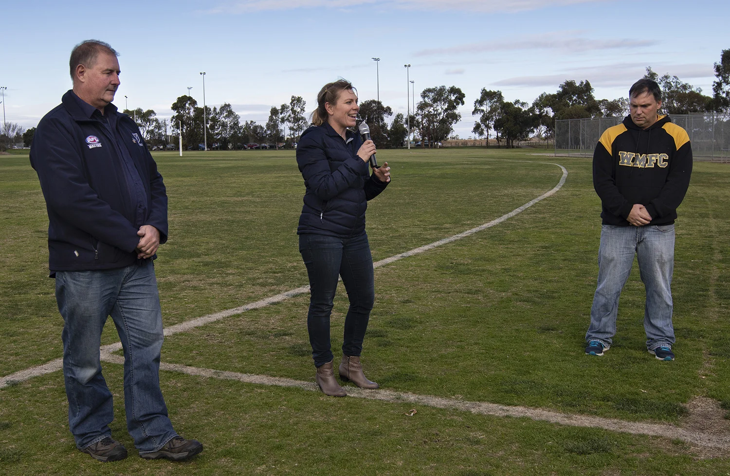 Jill Chalmers welcomes players, officials, and spectators to the first game of the inaugural AFL Women’s Masters competition played at Werribee. Waverley Warriors went on to score their first win.
