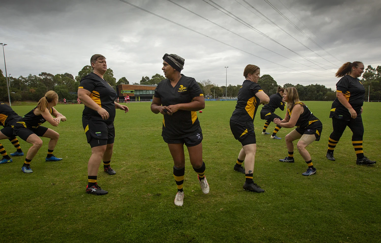 Pre-game warm-up for the first game of the 2019 season. Players who took part in the inaugural AFL Women’s Masters season displayed more confidence and better skills in season two. But mostly their closer relationships has been what they’ve come to value most.