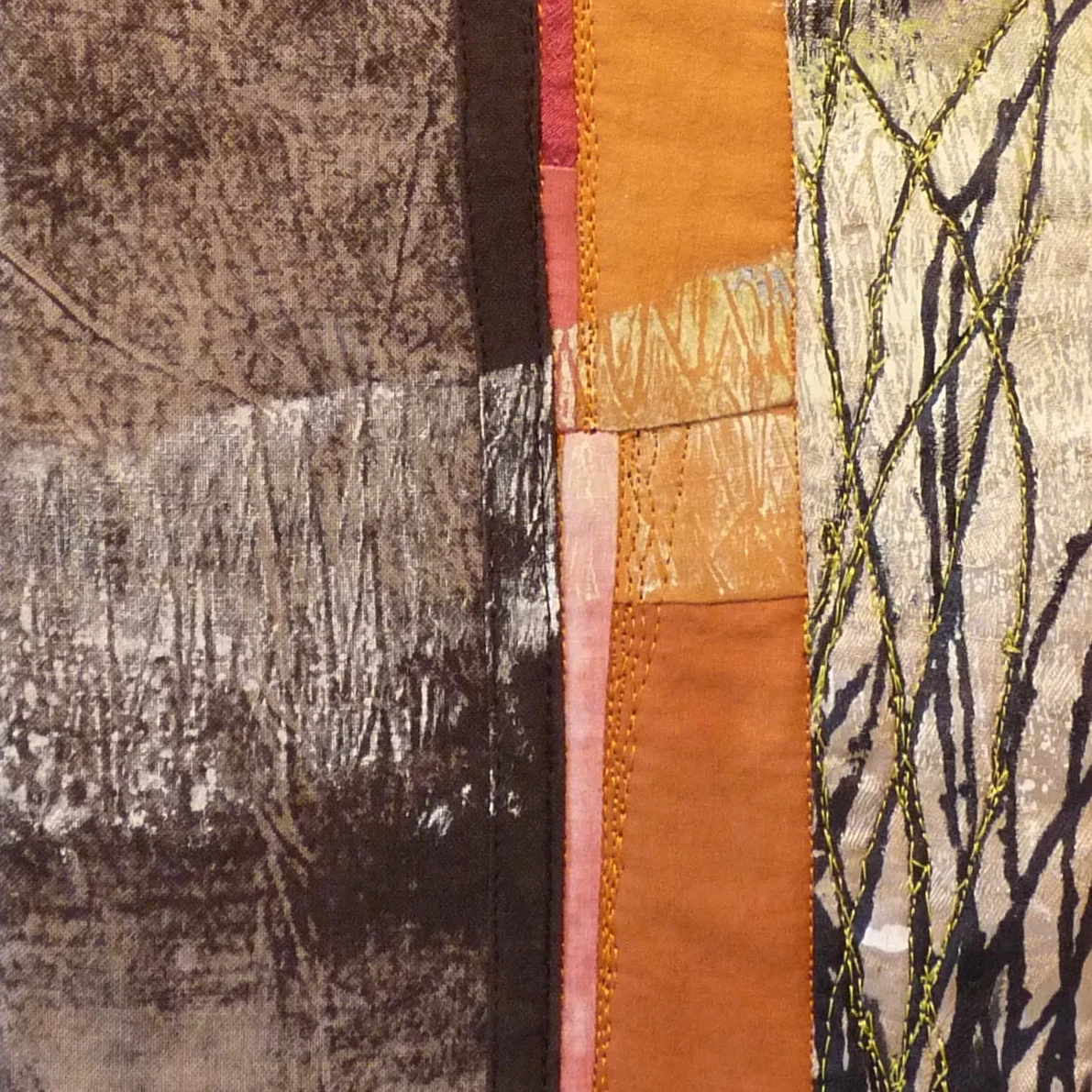 Detail, Currant , 2015 Cotton, silk; monotypes; thermofax prints; machine pieced & quilted; 7"x16".