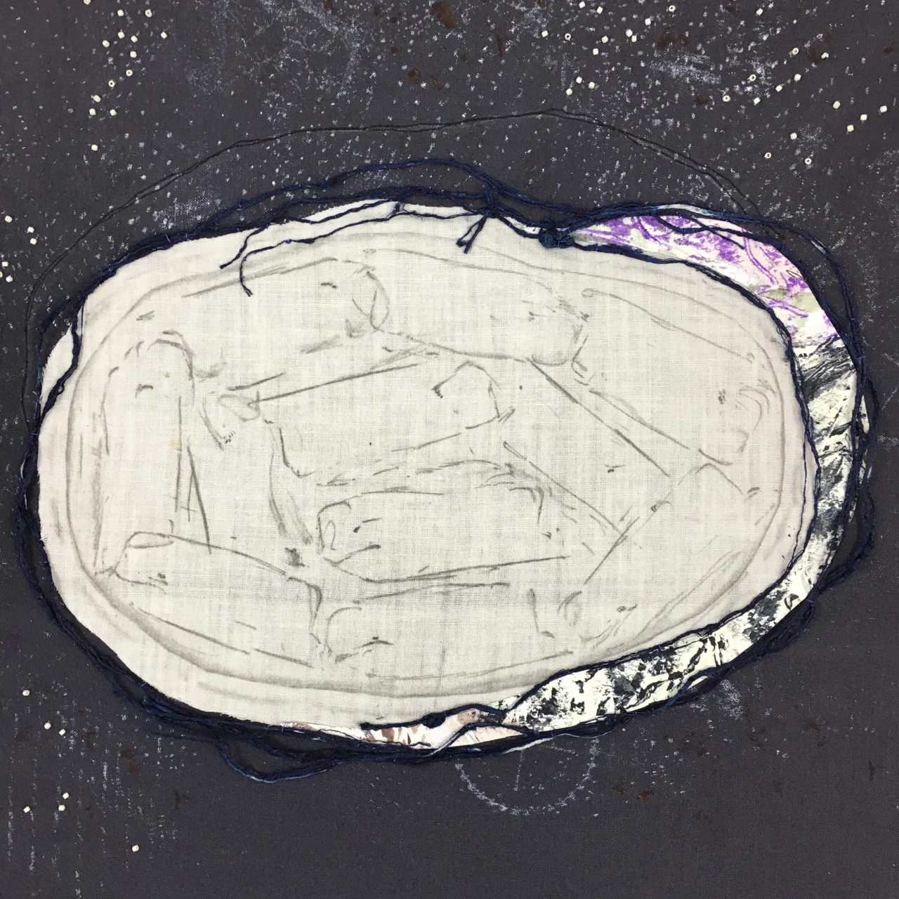 Detail, Recording Salmon 2018 Cotton, reclaimed cotton, gauze, raffia, paper, monotypes, rubbings, paint, hand stitched and beaded.