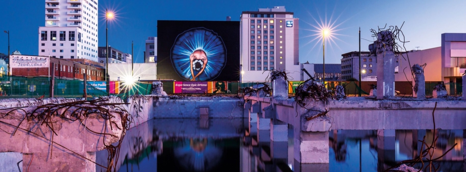 Owen Dippie's Ballerina on rear wall of the Isaac Theatre Royal, Christchurch - New Zealand Geographic 